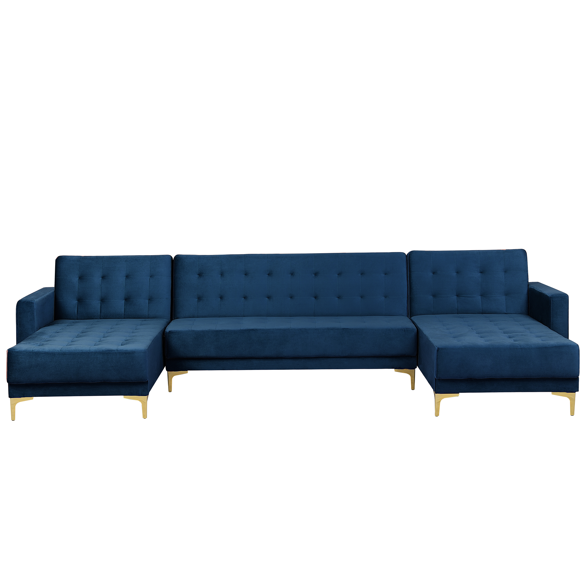 Beliani Corner Sofa Bed Navy Blue Velvet Tufted Fabric Modern U-Shaped Modular 5 Seater with Chaise Longues