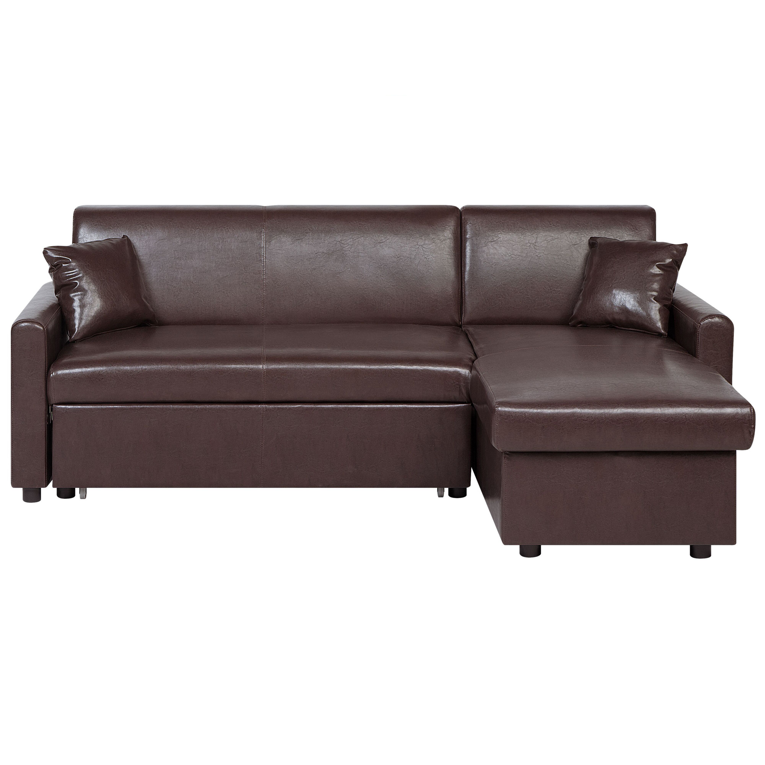 Beliani Corner Sofa Bed Dark Brown Faux Leather 3 Seater Left Hand Orientation with Storage