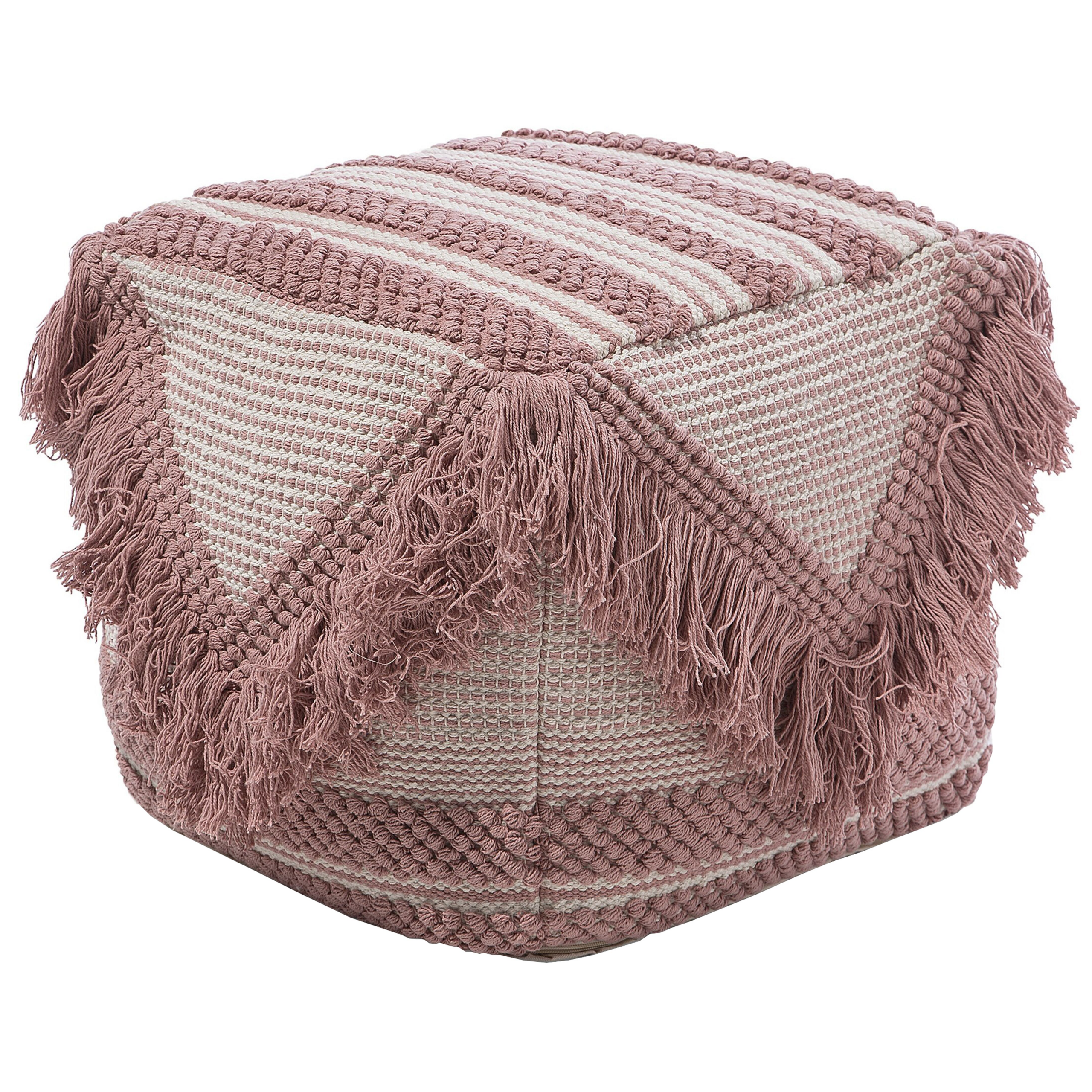 Beliani Pouffe Pink Cotton Tassels and Stripes Decorative Boho Rustic