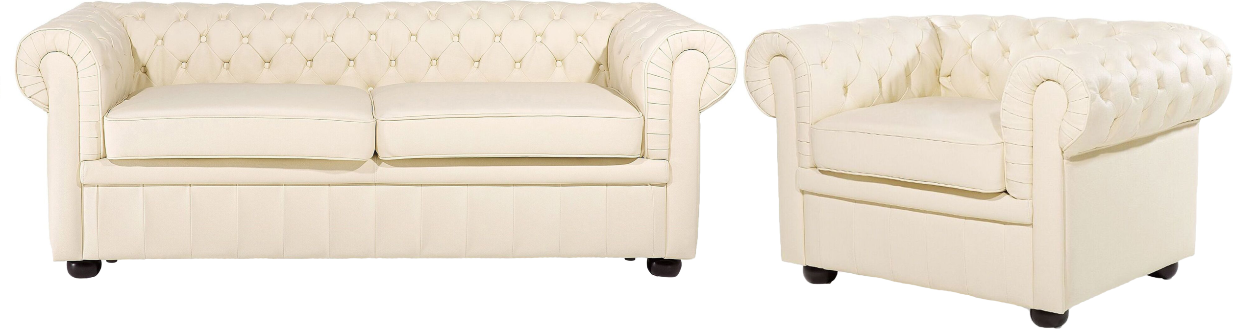 Beliani Chesterfield Living Room Set Cream Leather Upholstery Dark Wood Legs 3 Seater Sofa + Armchair Contemporary