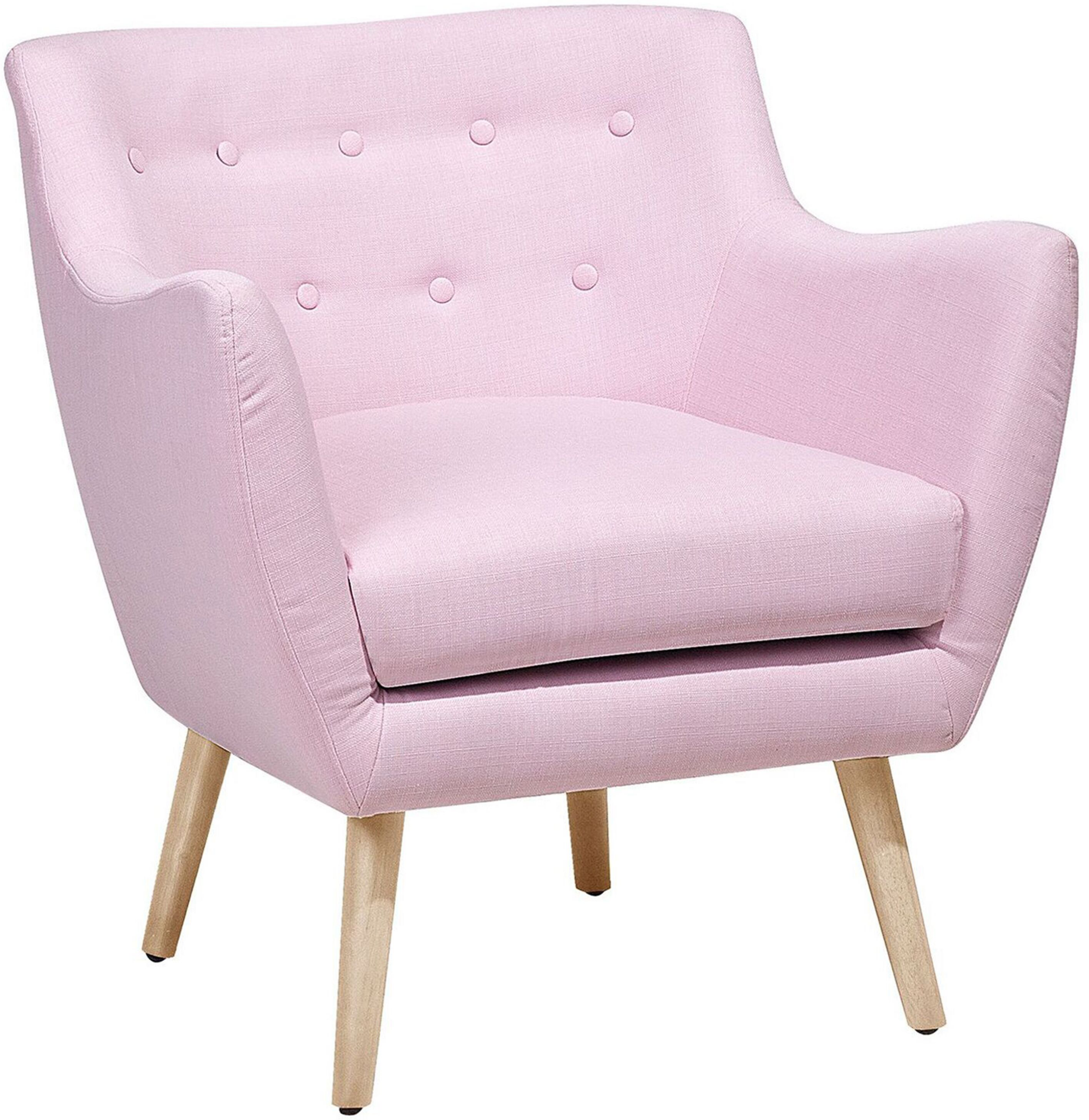 Beliani Armchair Pink Fabric Button Back Rubberwood Legs Modern