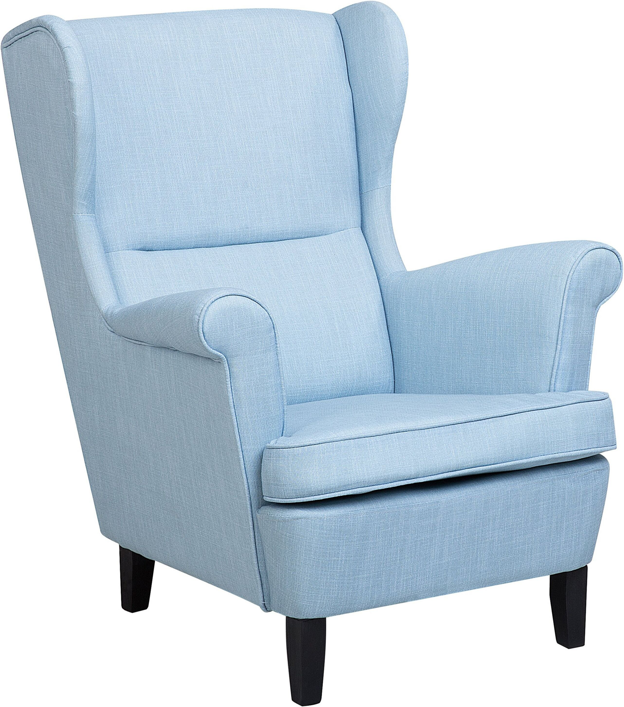 Beliani Wingback Chair Armchair Blue Fabric Upholstered Rolled Arms Retro