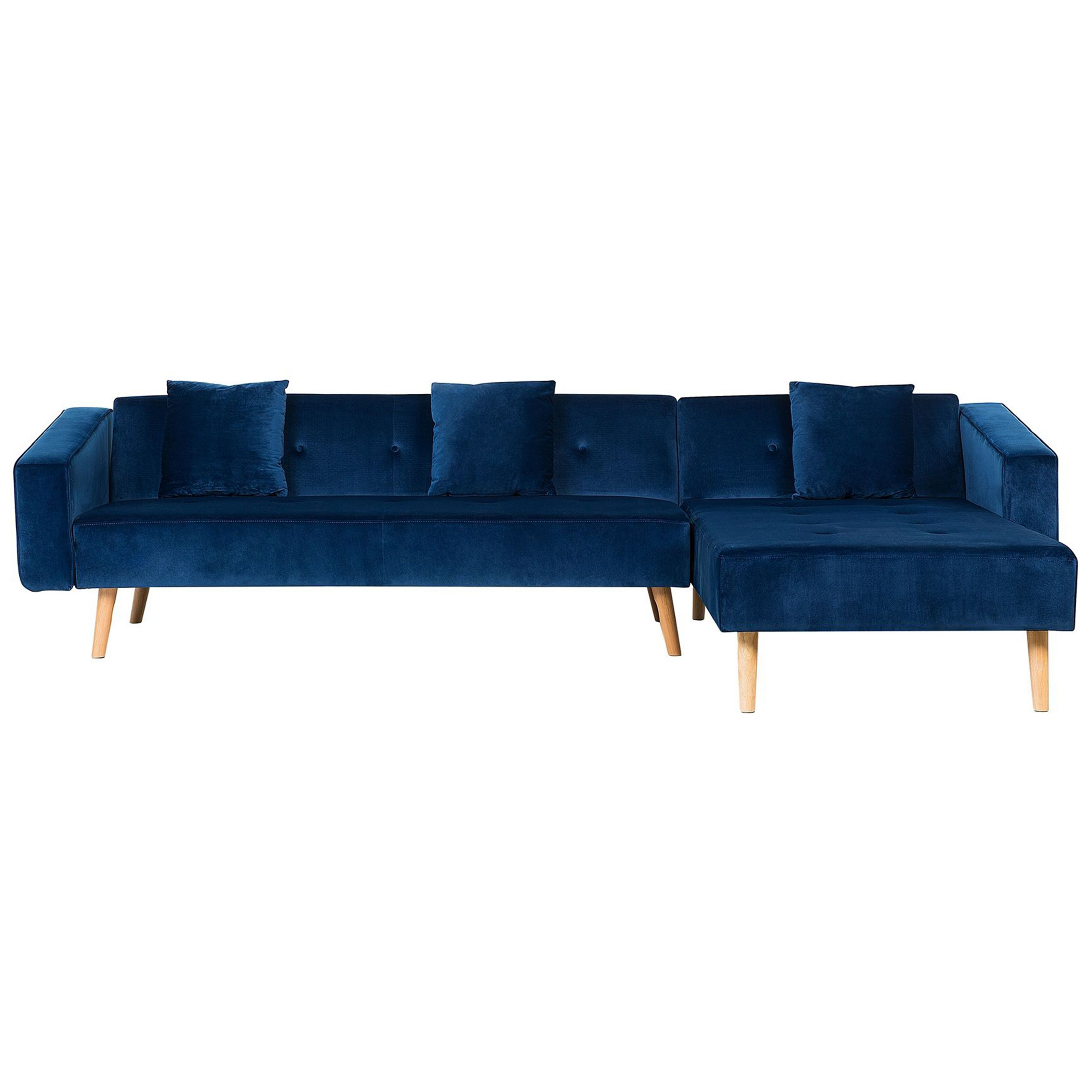 Beliani Corner Sofa Bed with 3 Pillows Blue Velvet Upholsery Light Wood Legs Reclining Left Hand Chaise Longue 4 Seater