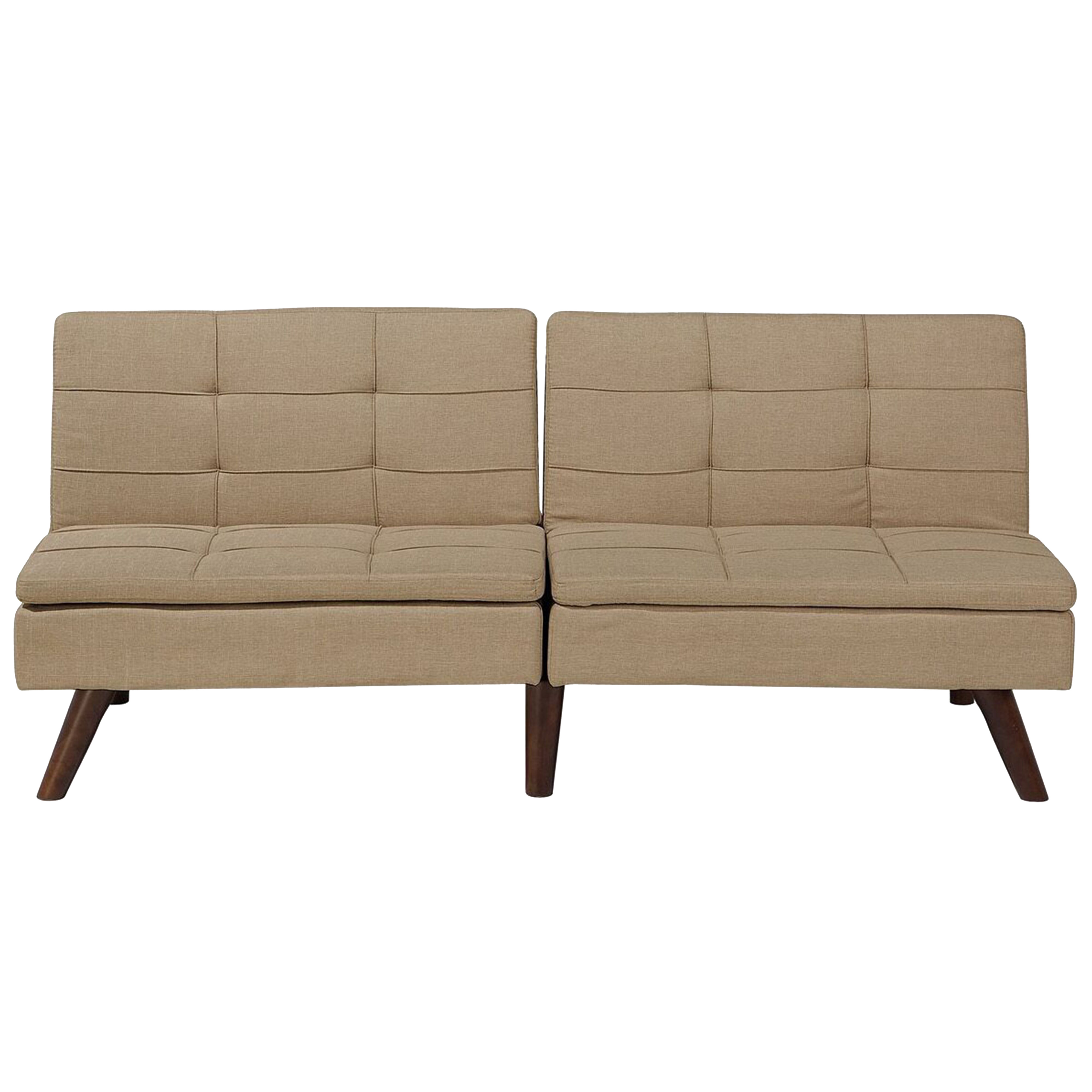 Beliani Sofa Bed Light Brown 3-Seater Quilted Upholstery Click Clack Split Back Metal Legs