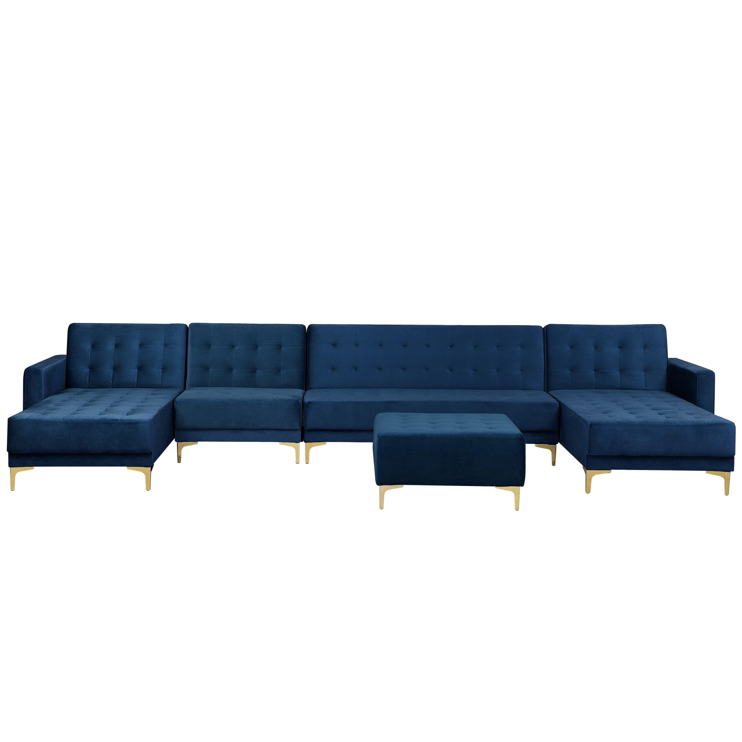 Beliani Corner Sofa Bed Navy Blue Velvet Tufted Fabric Modern U-Shaped Modular 6 Seater with Ottoman Chaise Longues