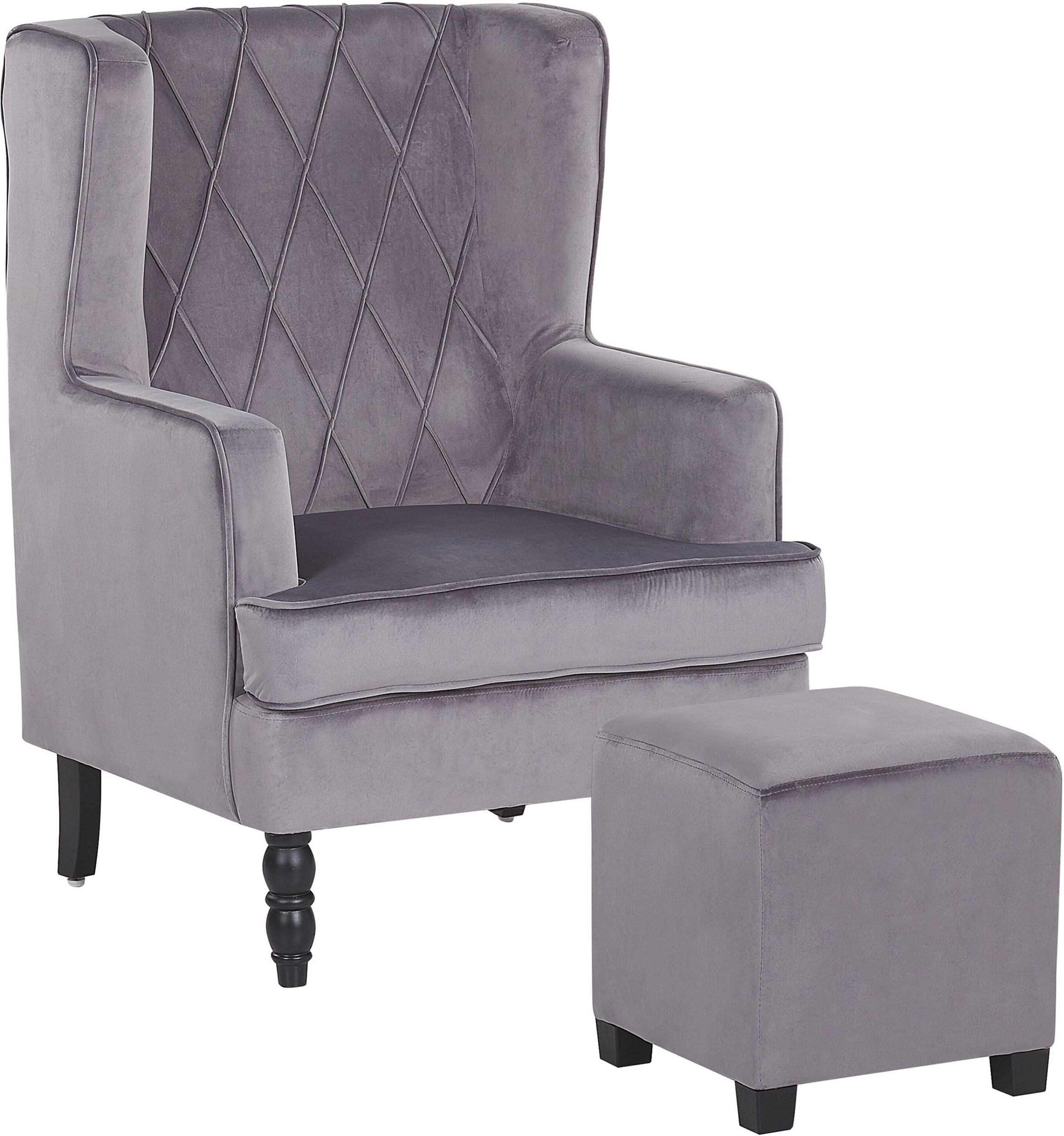 Beliani Armchair with Footstool Grey Velvet Fabric Wooden Legs Wingback Style