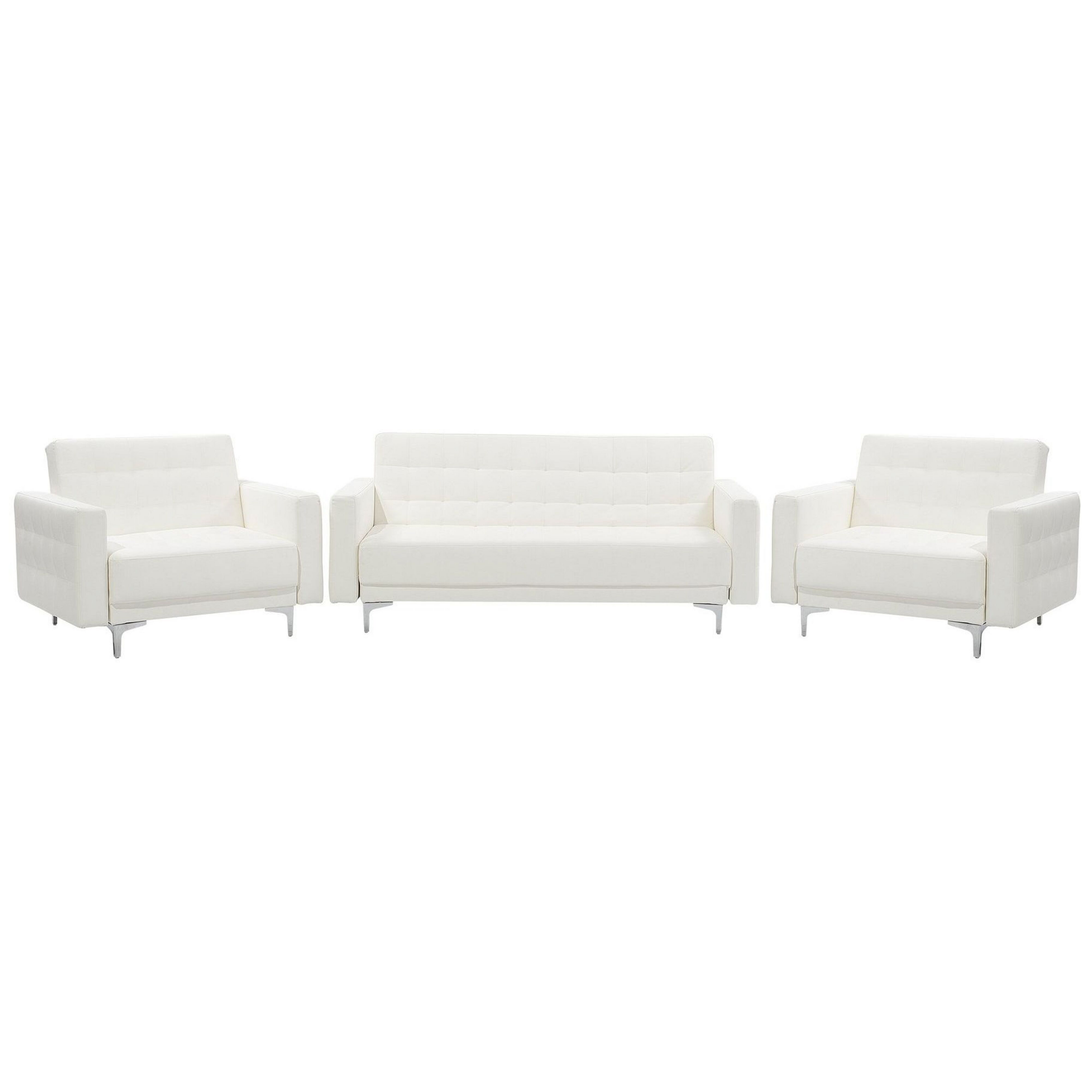 Beliani Living Room Set White Faux Leather Tufted 3 Seater Sofa Bed 2 Reclining Armchairs Modern 3-Piece Suite