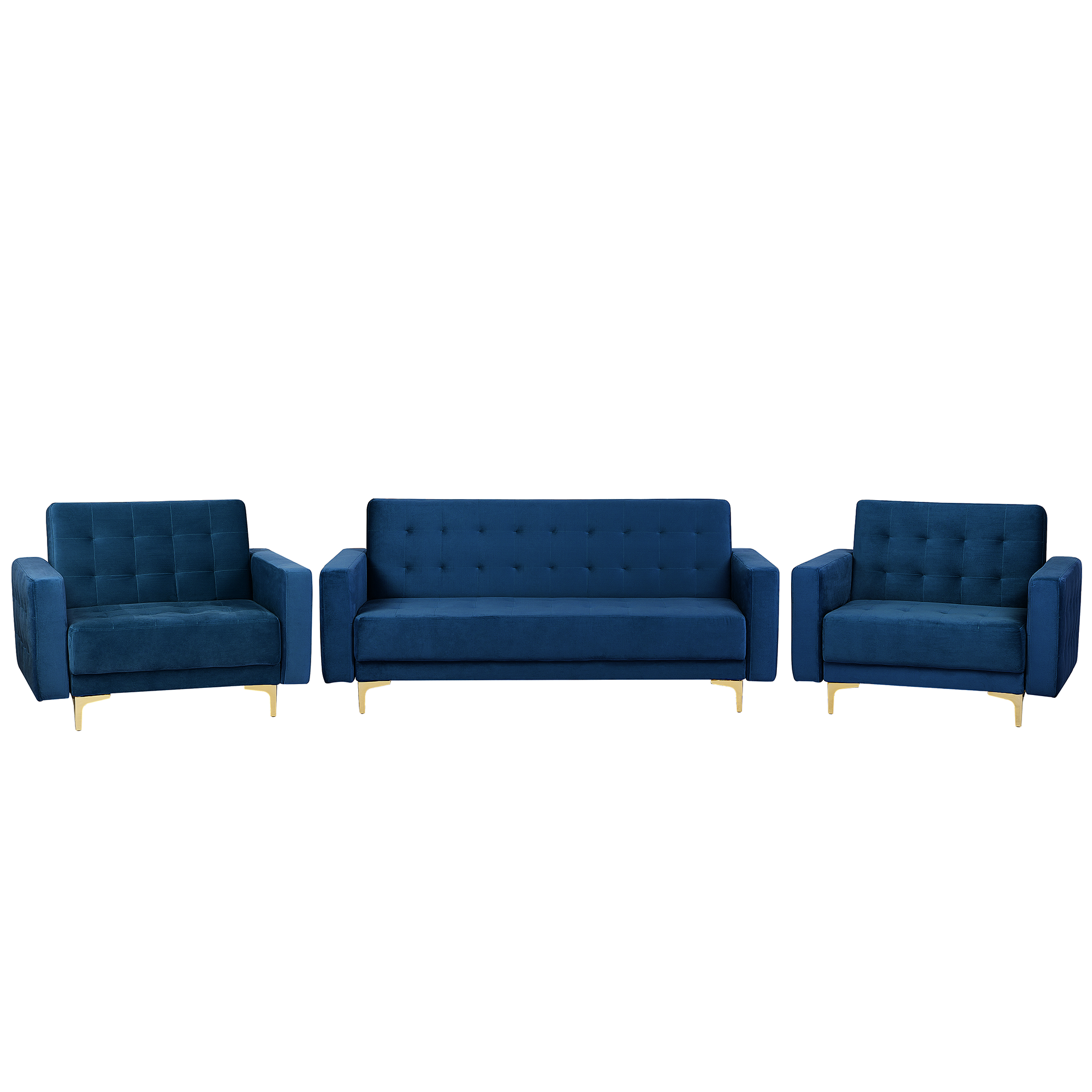 Beliani Living Room Set Navy Blue Velvet Tufted Fabric 3 Seater Sofa Bed 2 Reclining Armchairs Modern 3-Piece Suite