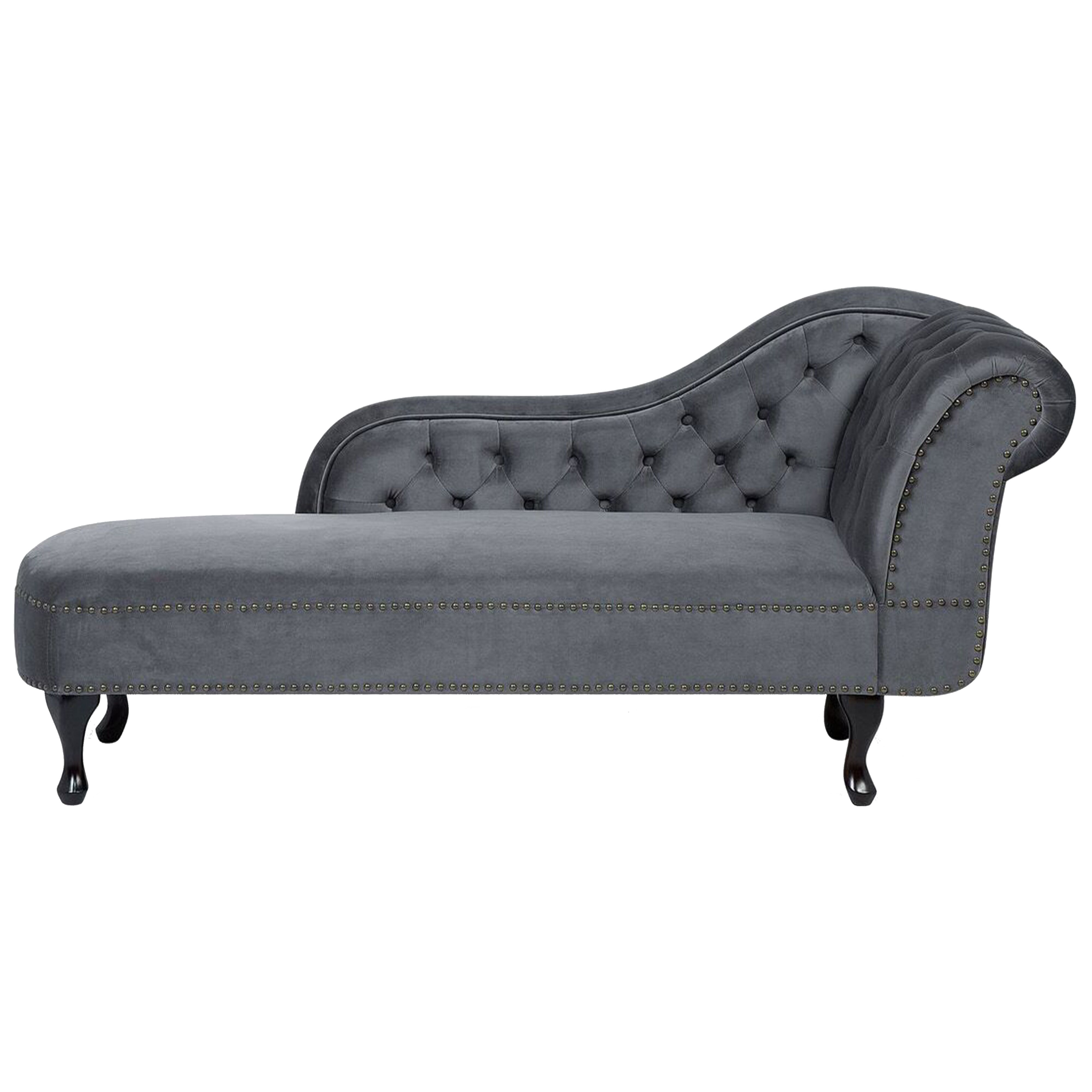 Beliani Chaise Lounge Grey Right Hand Velvet Buttoned Nailheads