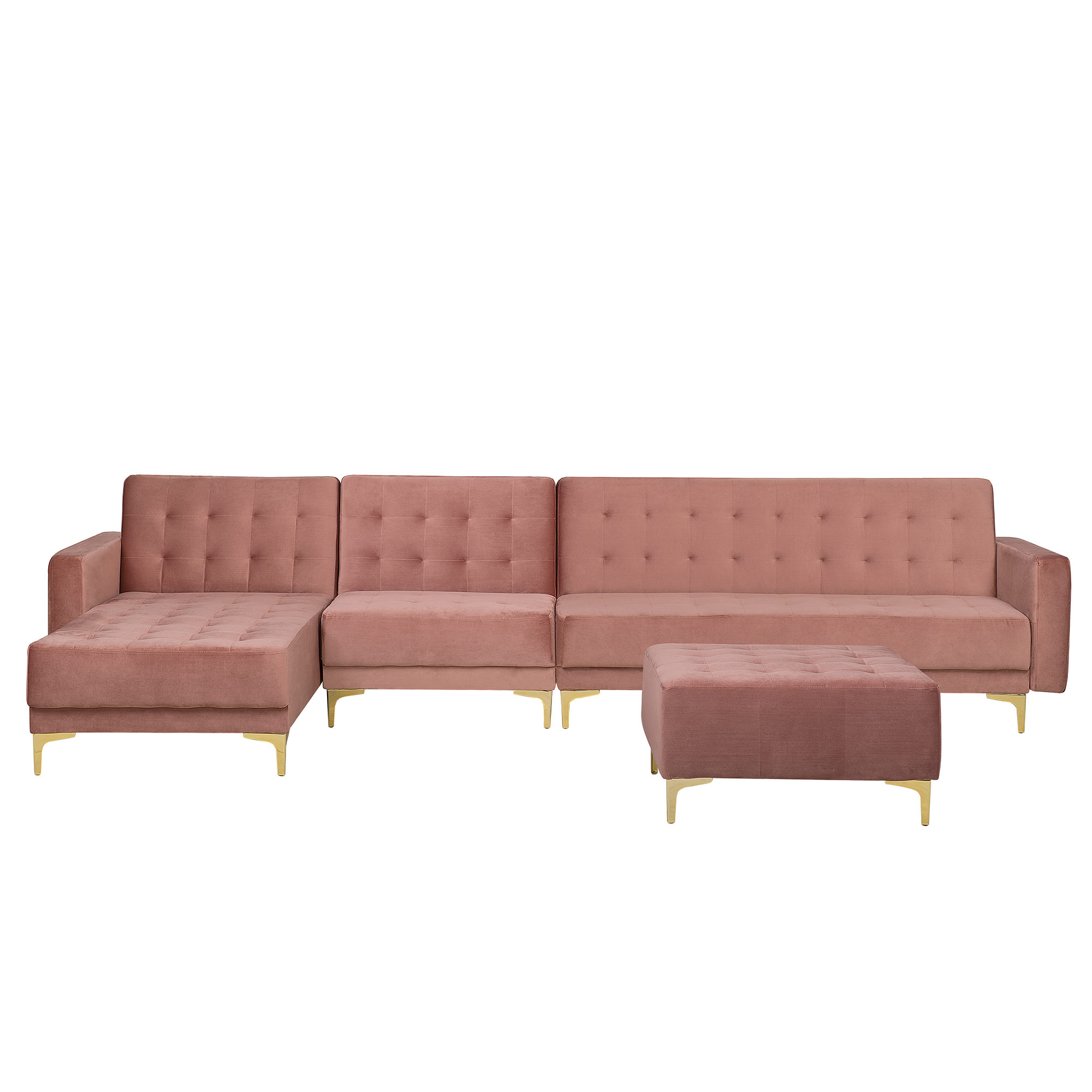 Beliani Corner Sofa Bed Pink Velvet Tufted Fabric Modern L-Shaped Modular 5 Seater with Ottoman Right Hand Chaise Longue