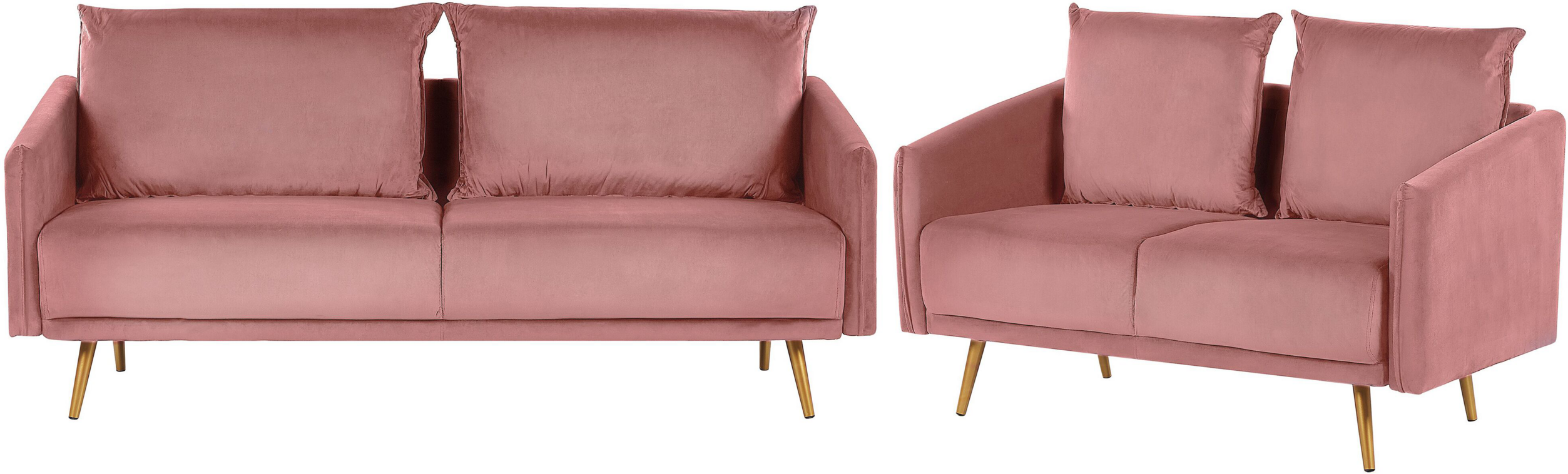 Beliani Living Room Set Pink Velvet Back Cushions Metal Golden Legs Retro Glam