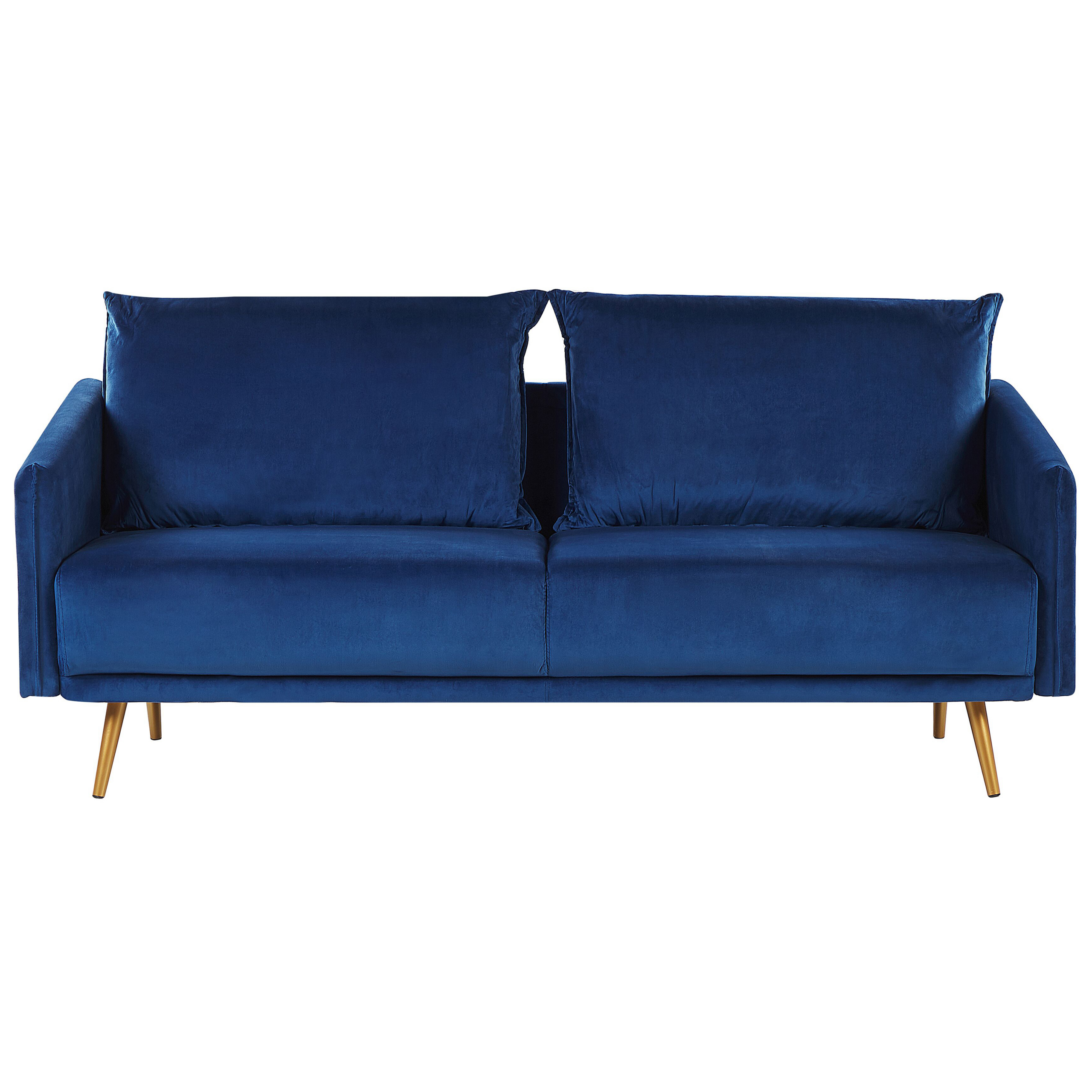 Beliani Sofa Navy Blue Velvet 3 Seater Back Cushioned Seat Metal Golden Legs Retro Glam