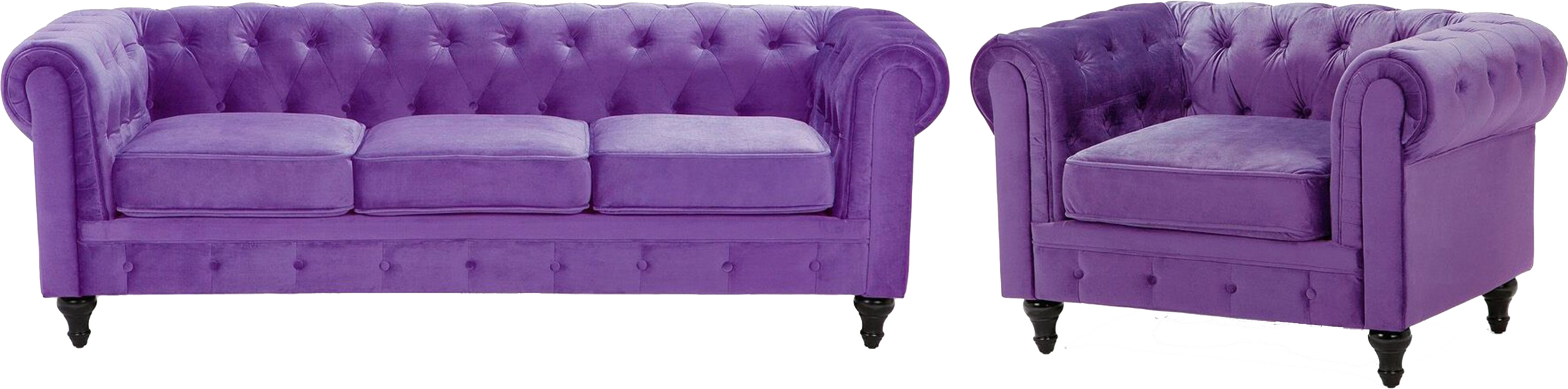 Beliani Chesterfield Living Room Set Purple Velvet Fabric Upholstery Dark Wood Legs 3 Seater Sofa + Armchair Contemporary