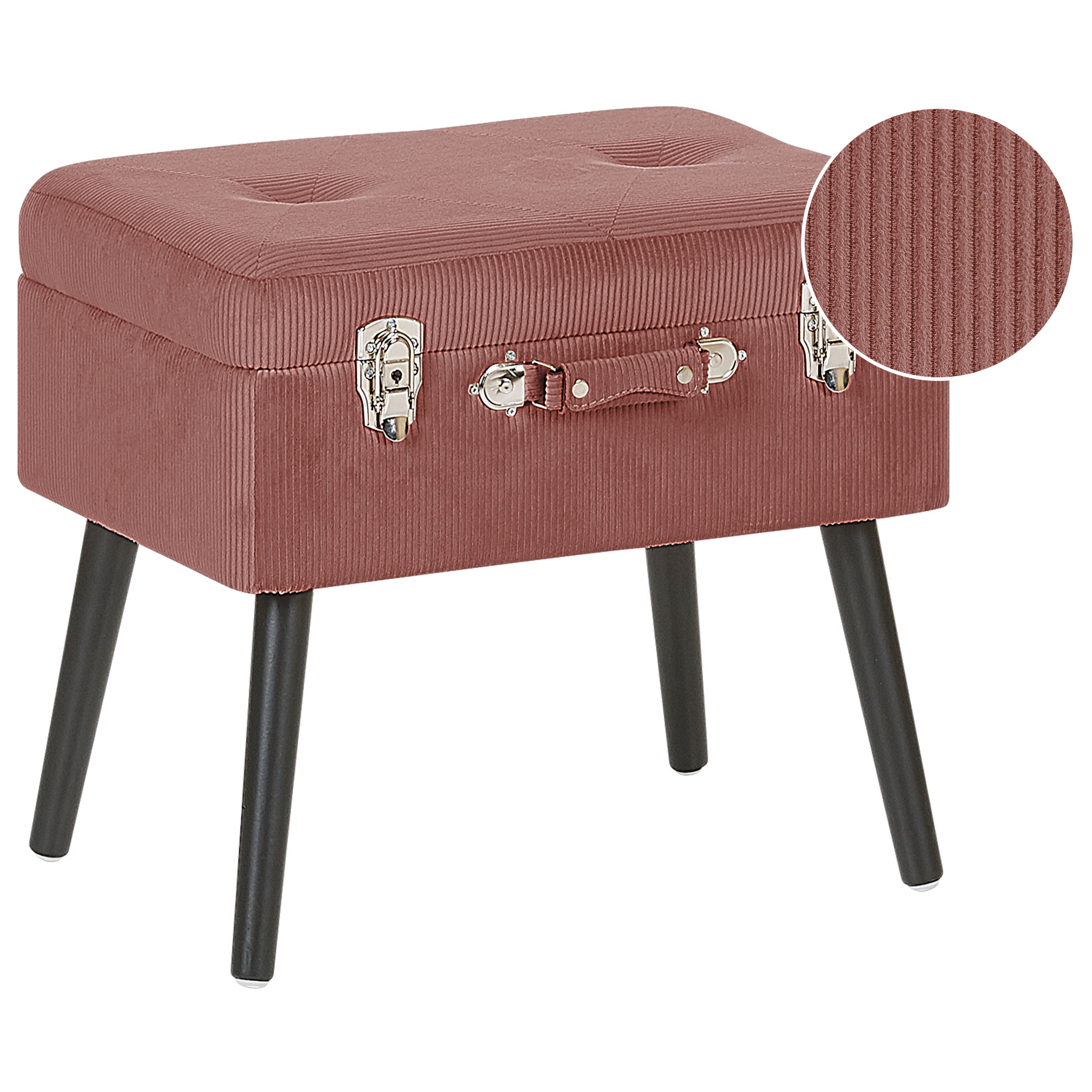 Beliani Stool with Storage Pink Corduroy Upholstered Black Legs Suitcase Design Buttoned Top