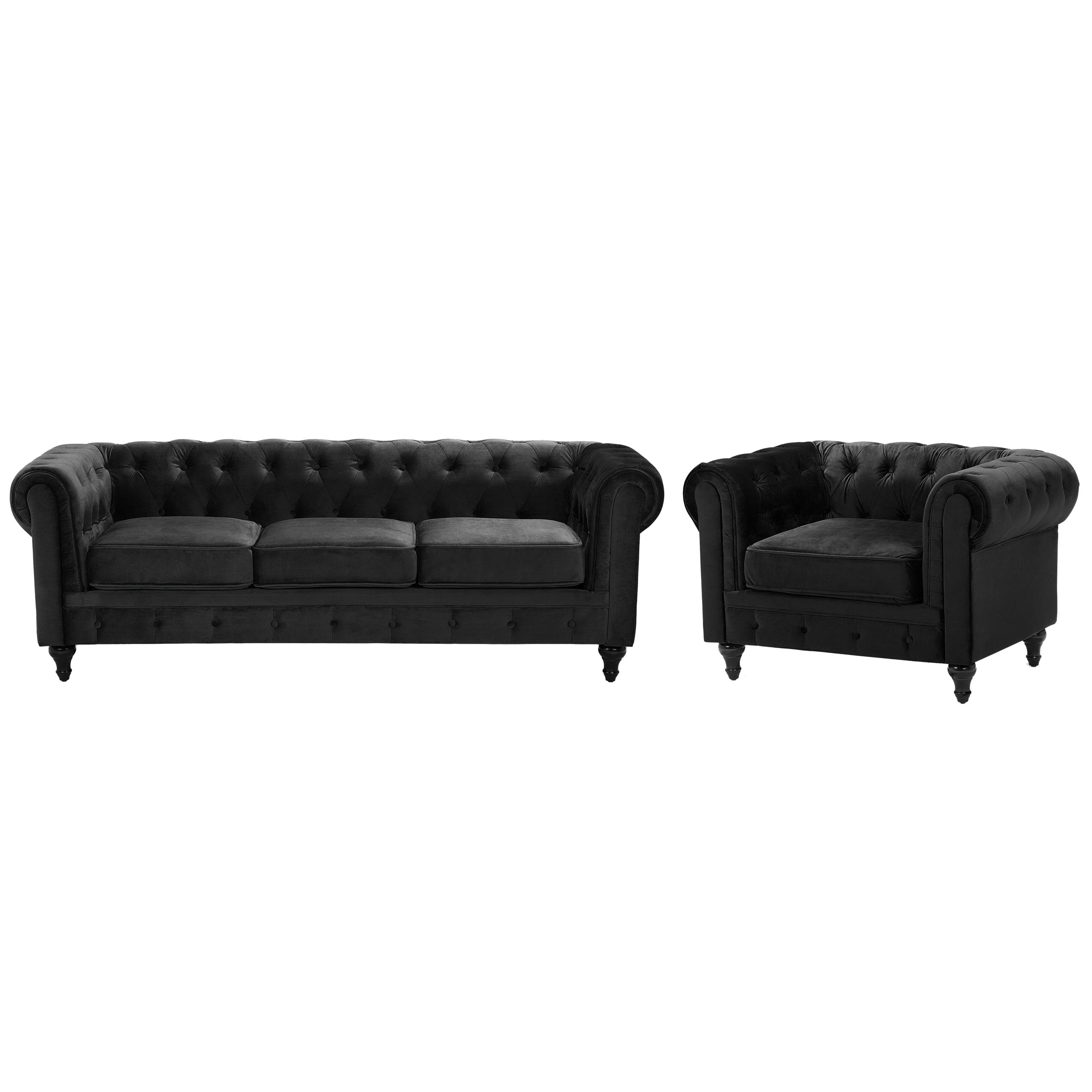 Beliani Chesterfield Living Room Set Black Velvet Fabric Upholstery Dark Wood Legs 3 Seater Sofa + Armchair Contemporary