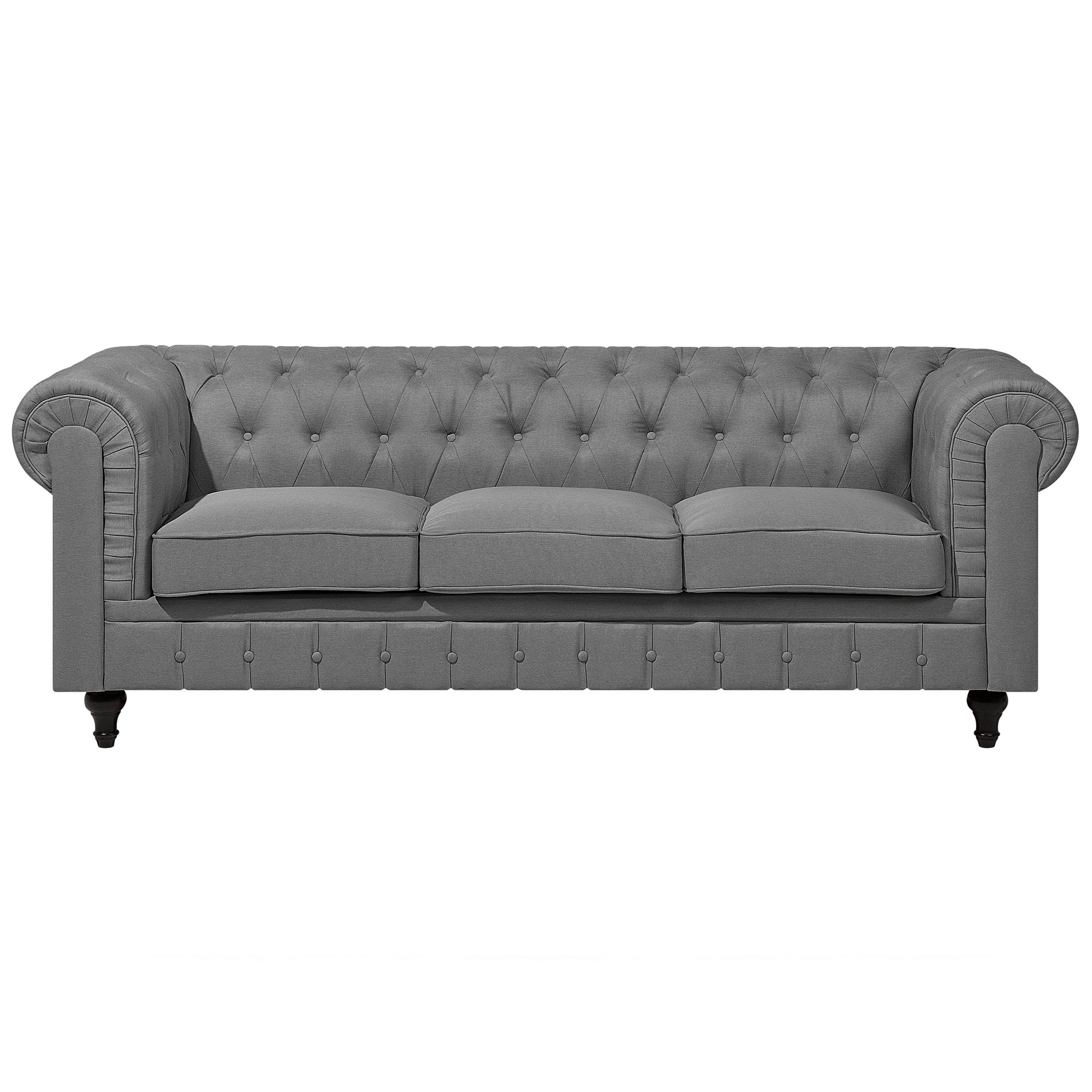 Beliani Chesterfield Sofa Light Grey Fabric Upholstery Dark Wood Legs 3 Seater Contemporary