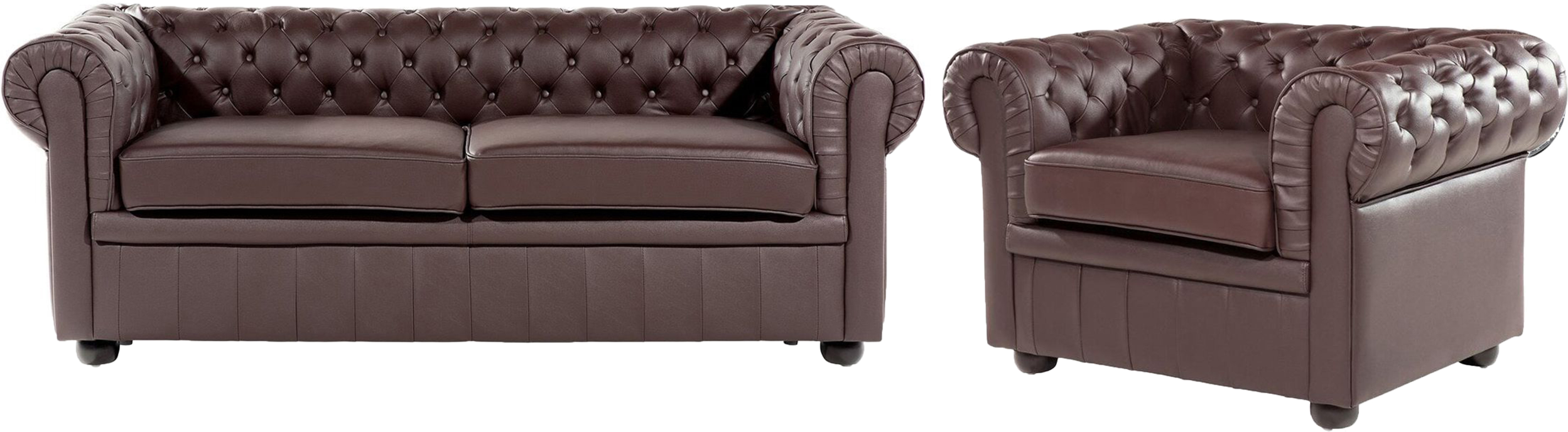 Beliani Chesterfield Living Room Set Brown Leather Upholstery Dark Wood Legs 3 Seater Sofa + Armchair Contemporary