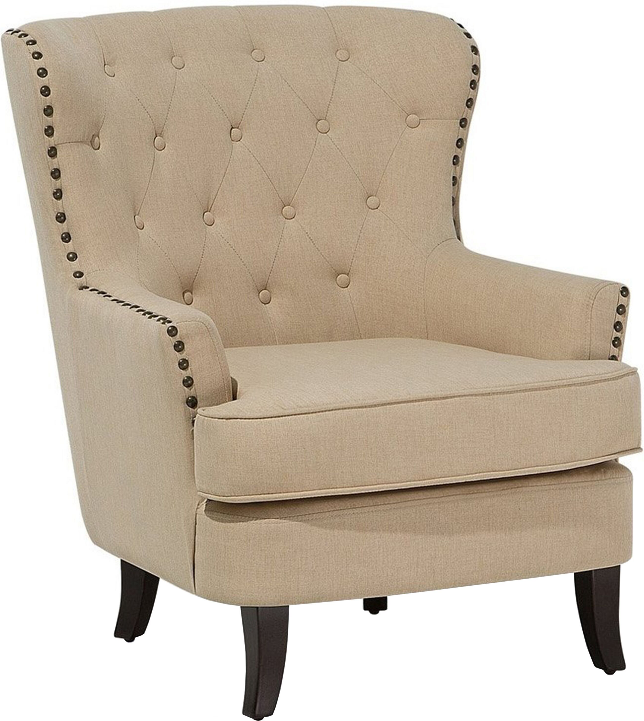 Beliani Armchair Wingback Chair Beige Button Tufted Back Black Legs Nailhead Trim Elegant Chesterfield Style Living Room