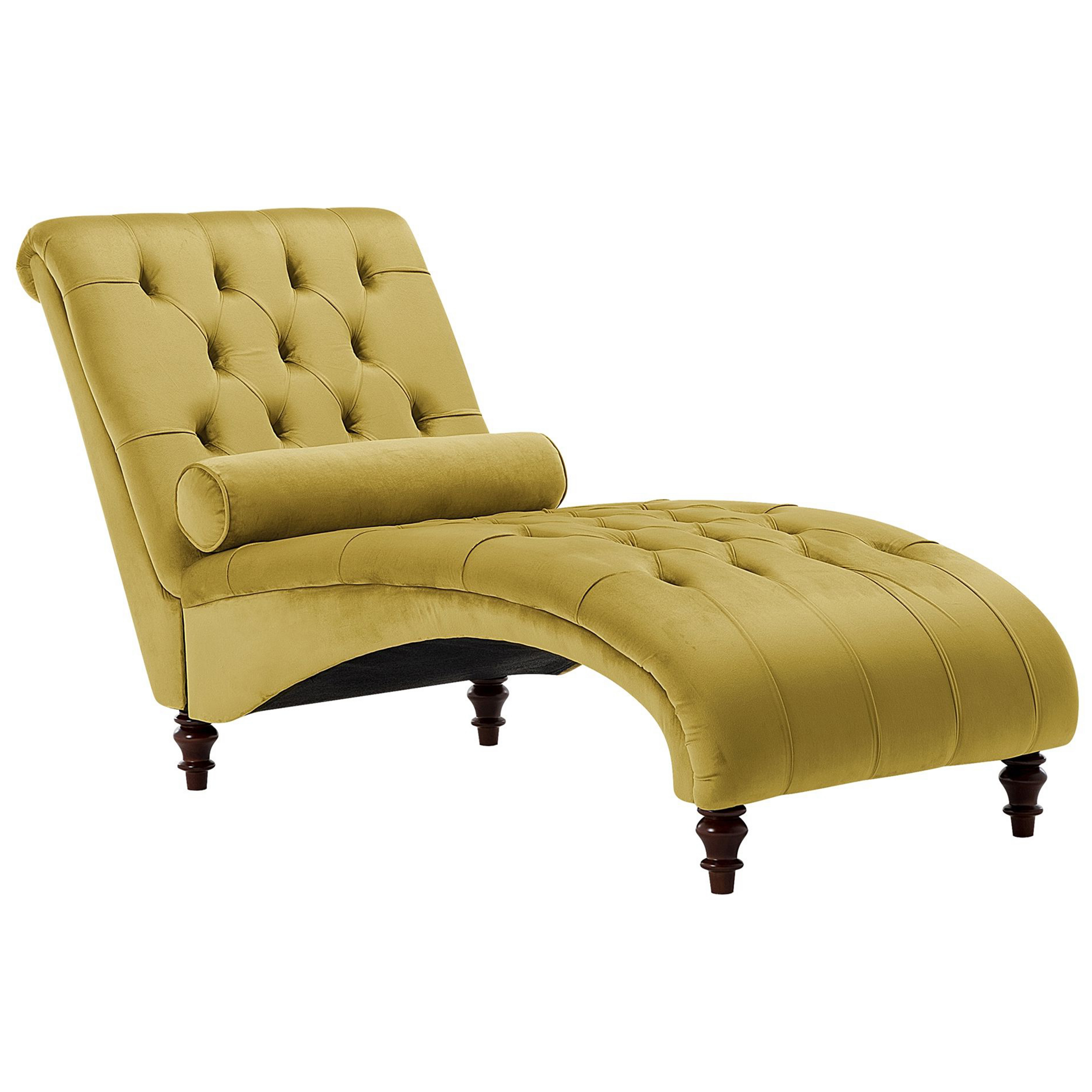 Beliani Chaise Lounge Mustard Yellow Velvet Chesterfield Buttoned Modern Living Room Chaise Wooden Legs