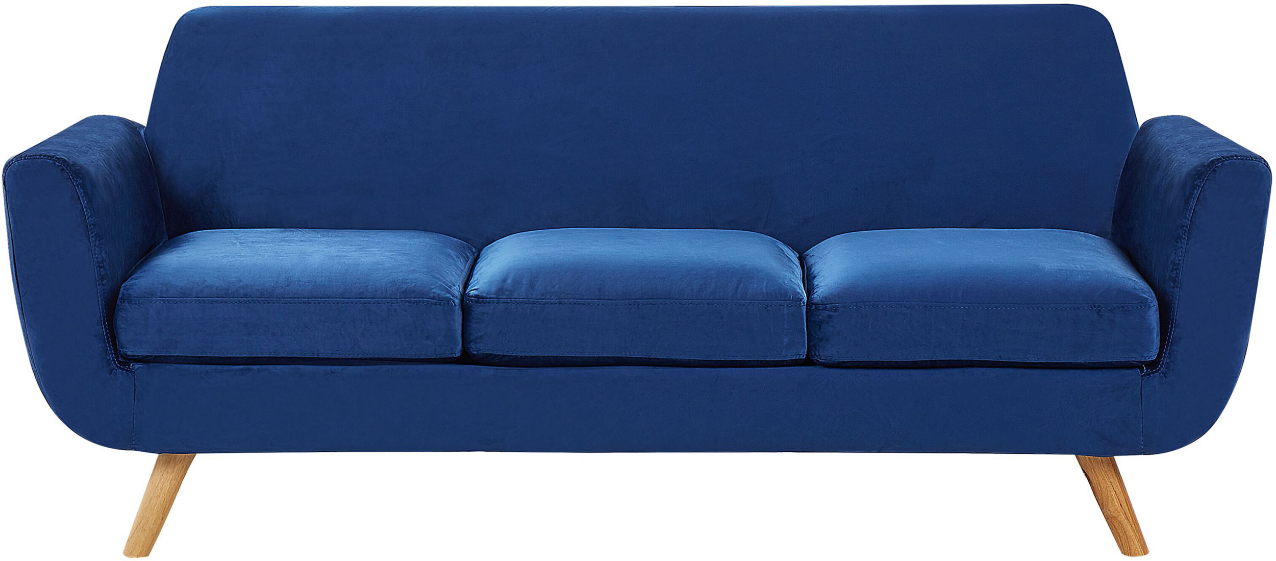 Beliani 3 Seater Sofa Blue Velvet Upholstery on Slanted Wooden Legs with Removable Cover Retro Style