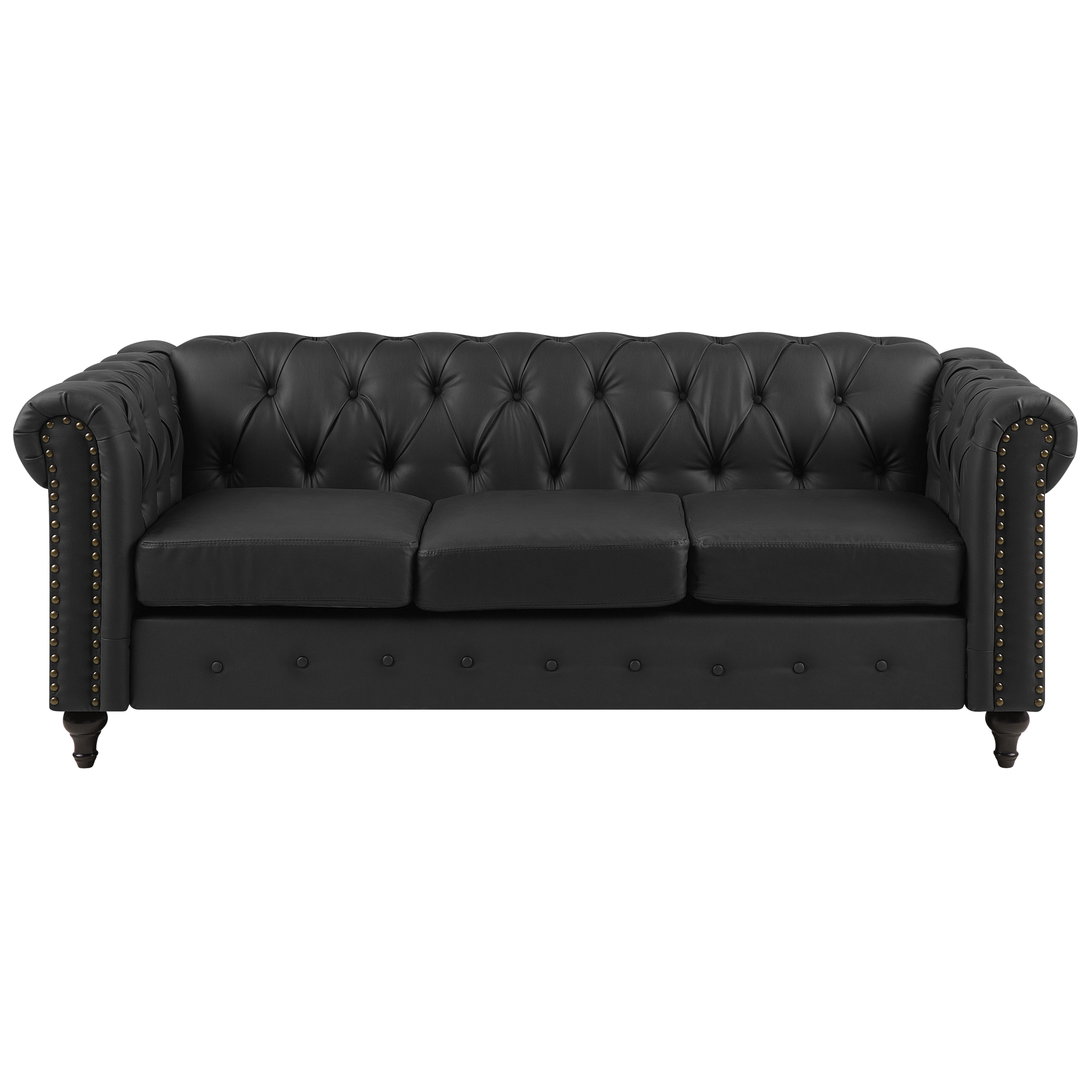 Beliani Chesterfield Sofa Black Faux Leather Upholstery Dark Wood Legs 3 Seater Nailhead Trim Contemporary