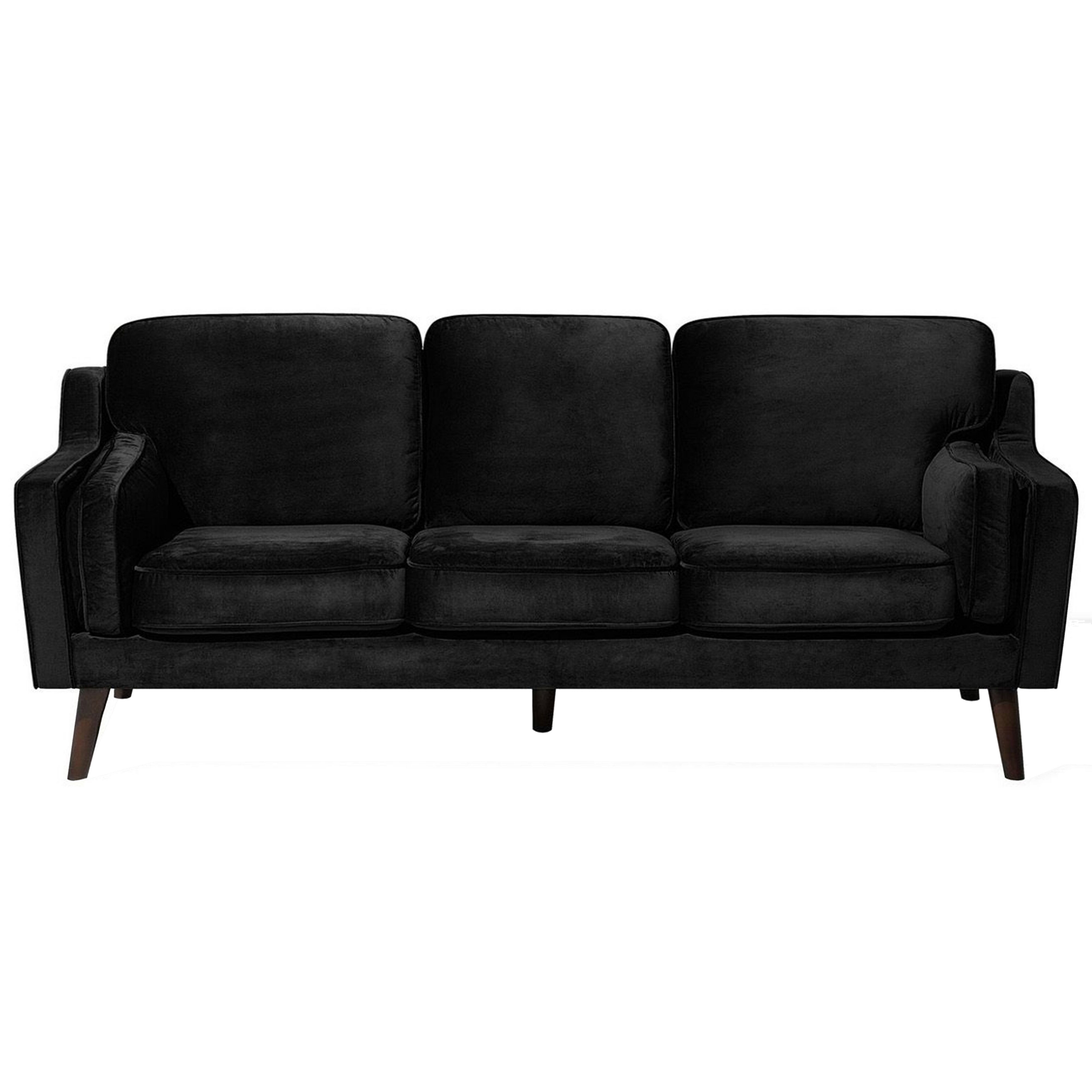 Beliani Sofa Black 3 Seater Velvet Wooden Legs Classic