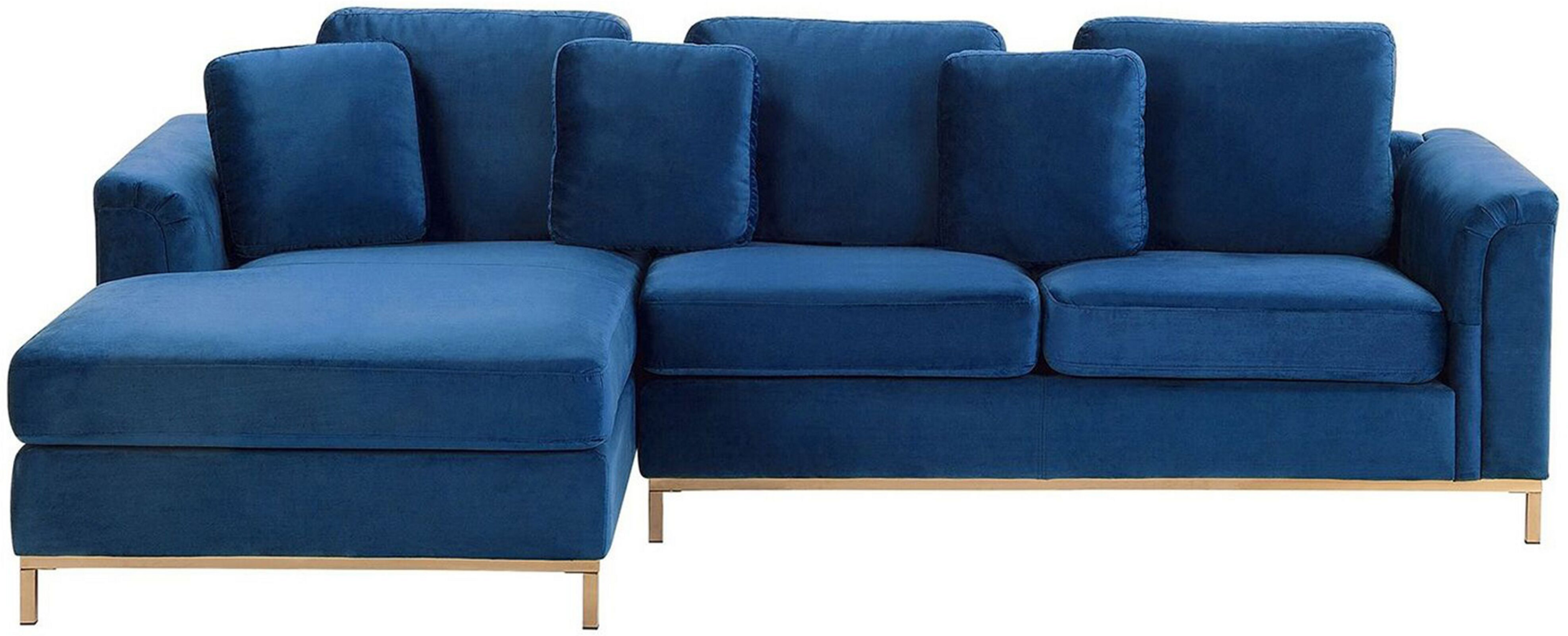 Beliani Corner Sofa Blue Velvet Upholstered L-shaped Right Hand Orientation