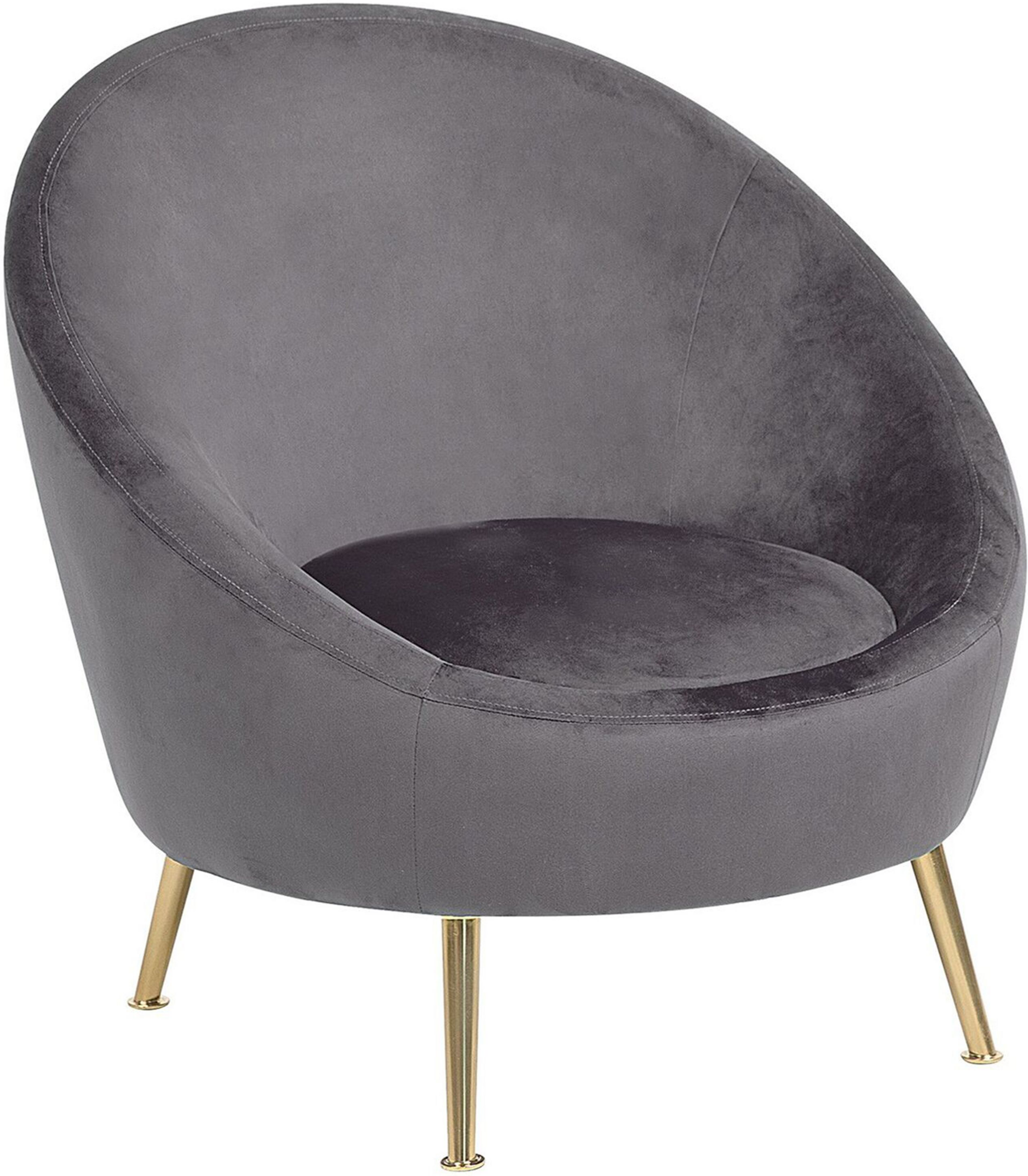 Beliani Tub Chair Grey Velvet 76L x 80W x 81H cm Accent Gold Legs Glam Retro