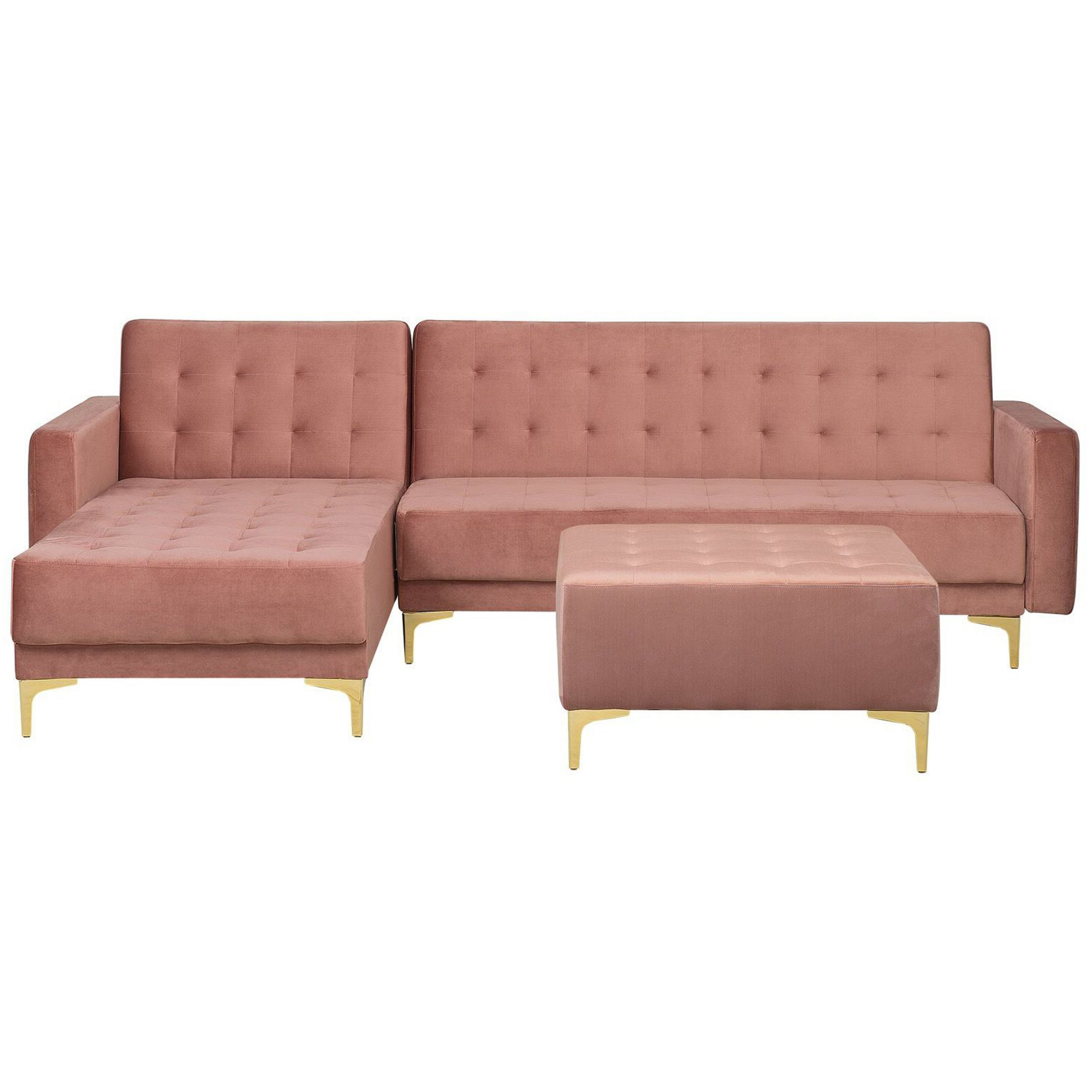 Beliani Corner Sofa Bed Pink Velvet Tufted Fabric Modern L-Shaped Modular 4 Seater with Ottoman Right Hand Chaise Longue