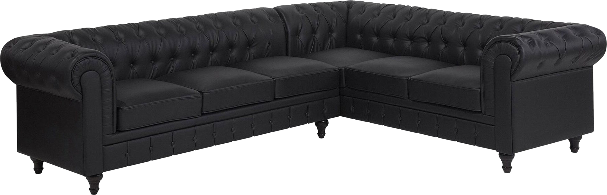 Beliani Chesterfield Left Hand Corner Sofa Black Faux Leather Upholstery Dark Wood Legs Chaise 6 Seater Contemporary