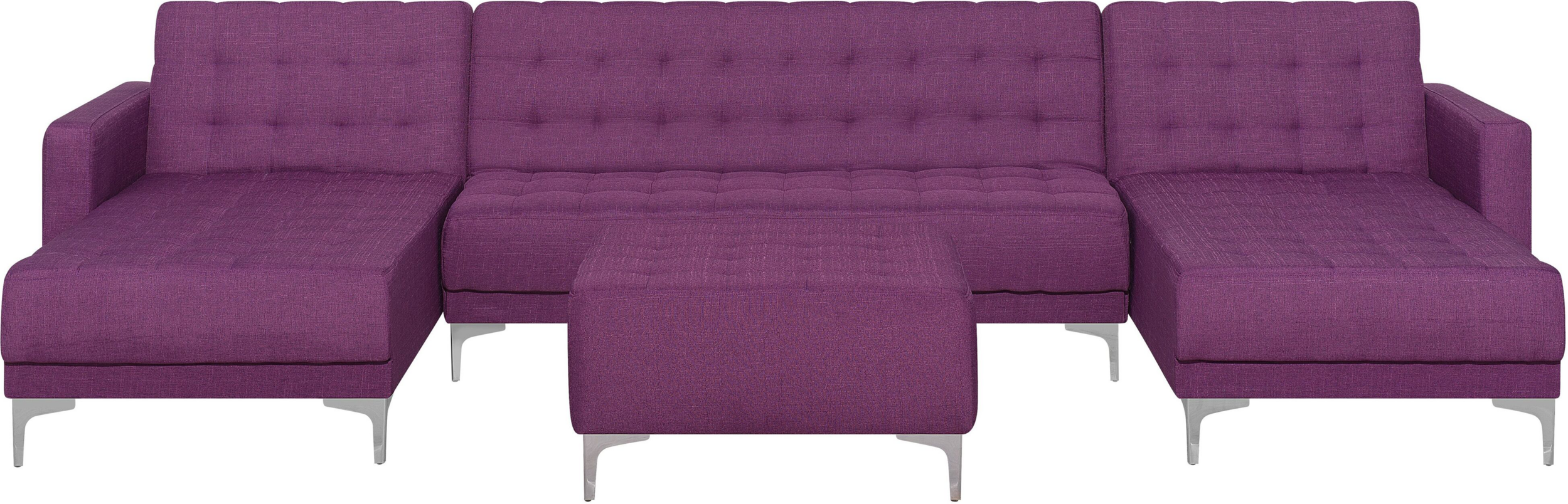 Beliani Corner Sofa Purple Tufted Fabric Modern U-Shaped Modular 5 Seater with Ottoman Chaise Longues