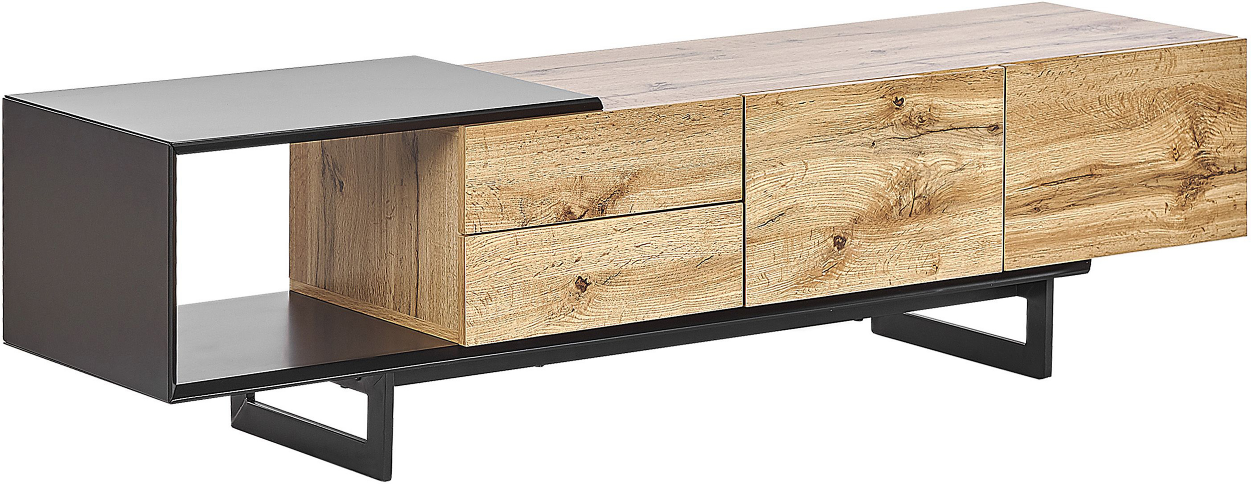 Beliani TV Stand Light Wood and Black MDF 160 cm Up To 70ʺ Drawers Shelves Modern Design