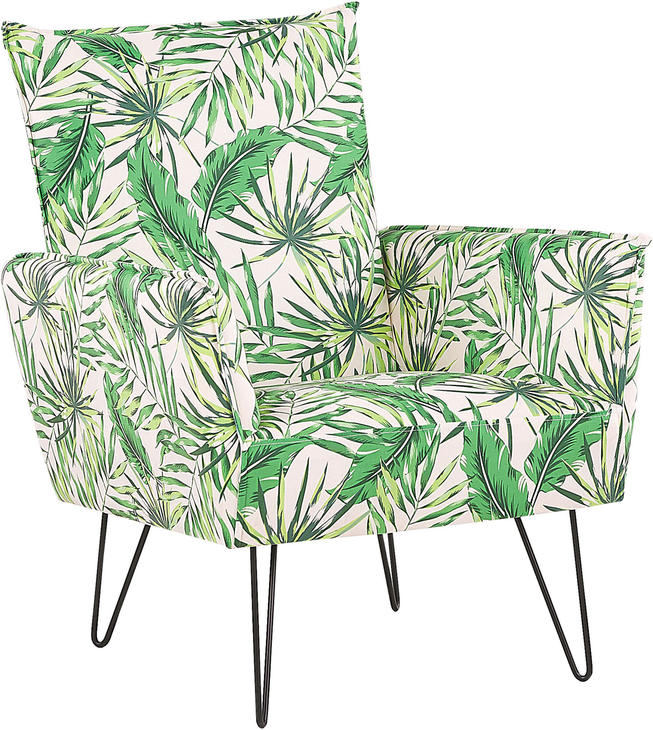 Beliani Armchair White with Green Fabric Leaf Pattern Metal Hairpin Legs Living Room Bedroom Accent Chair