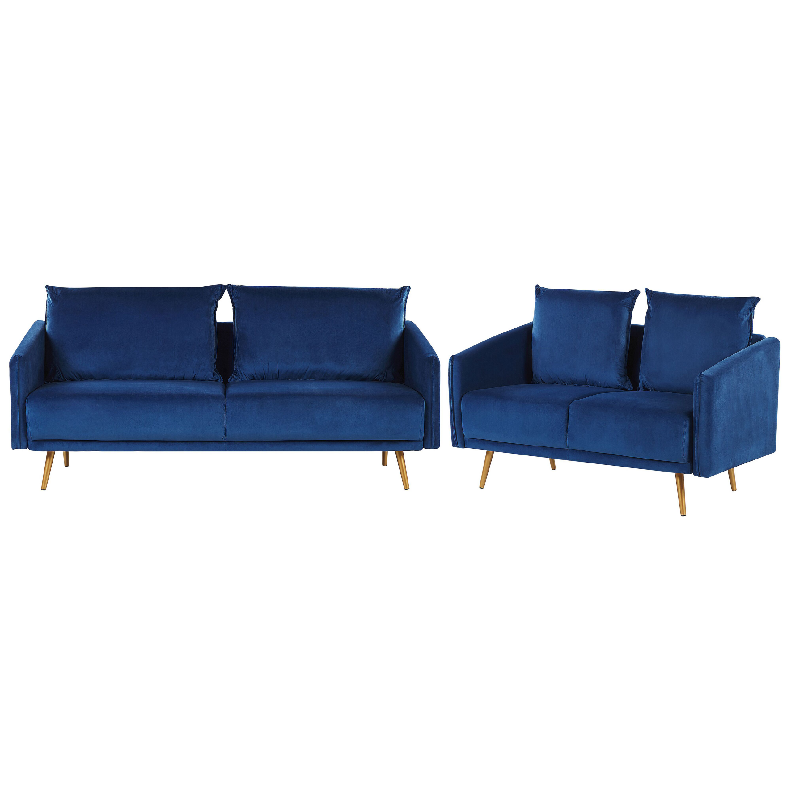 Beliani Living Room Set Navy Blue Velvet Back Cushions Metal Golden Legs Retro Glam