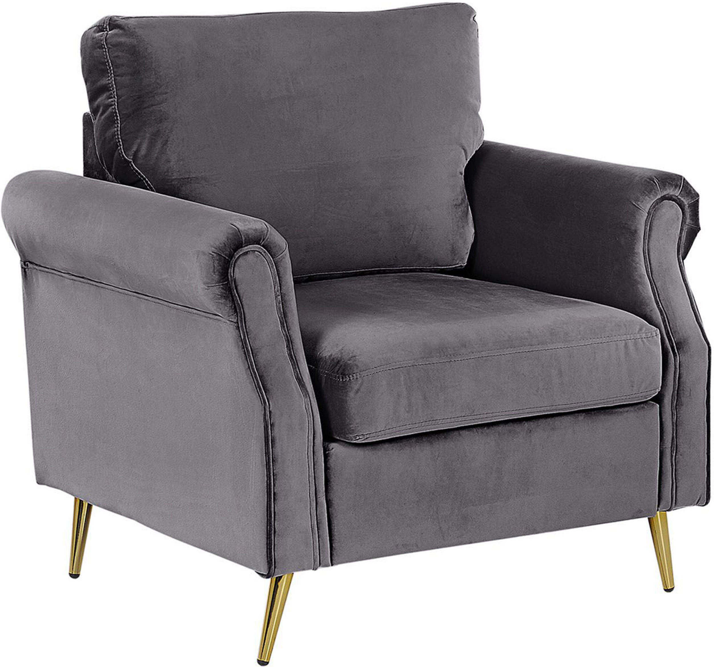 Beliani Armchair Dark Grey Velvet Fabric Upholstery Gold Metal Legs Removable Seat and Back Cushions Retro Glam Style