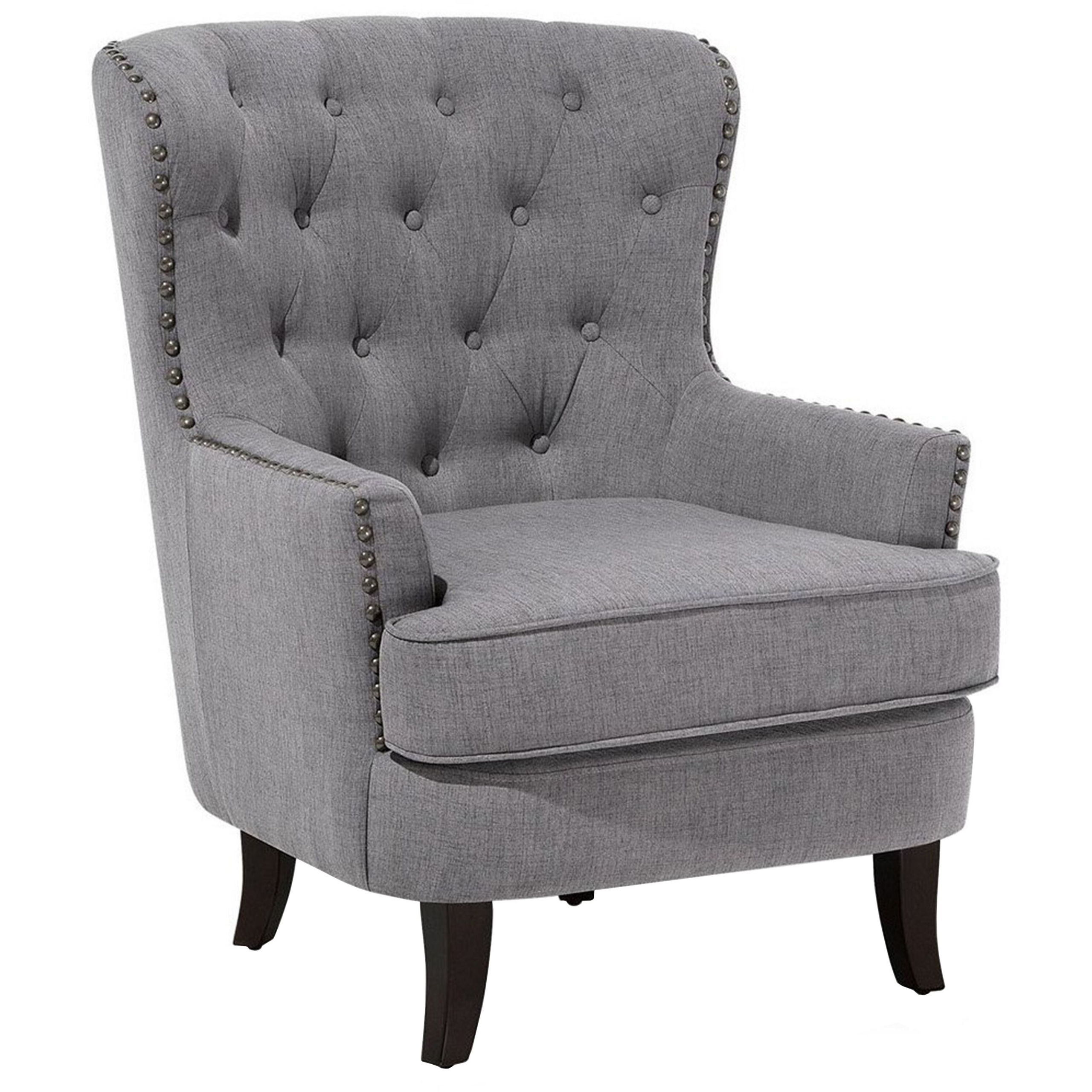 Beliani Armchair Wingback Chair Light Grey Button Tufted Back Black Legs Nailhead Trim Elegant Chesterfield Style Living Room