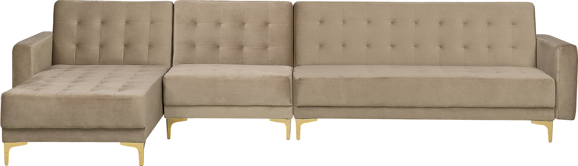 Beliani Corner Sofa Bed Beige Velvet Tufted Fabric Modern L-Shaped Modular 5 Seater Right Hand Chaise Longue