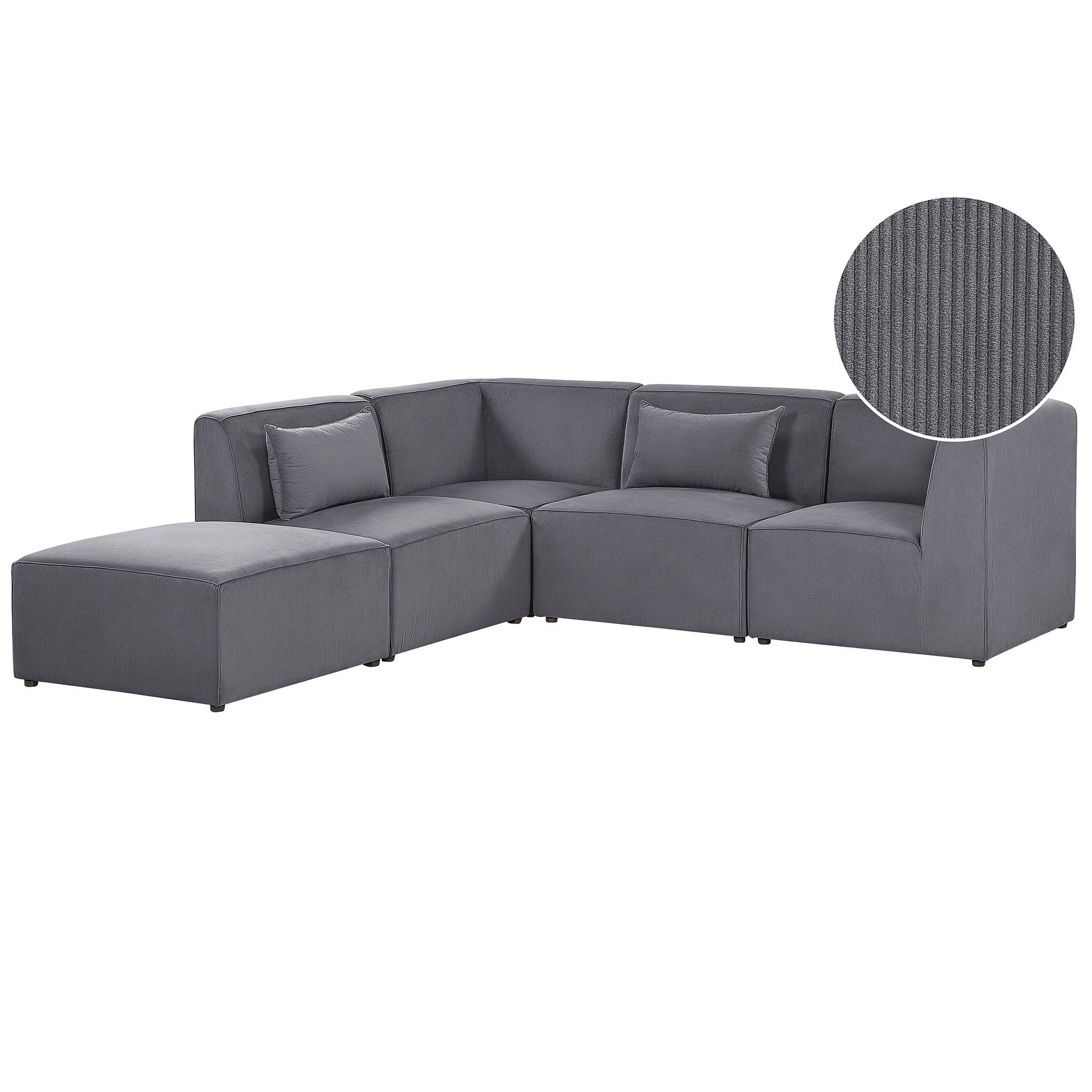 Beliani Modular Corner Sofa Grey Corduroy with Ottoman Right Hand 4 Seater Sectional Sofa L-Shaped Modern Design