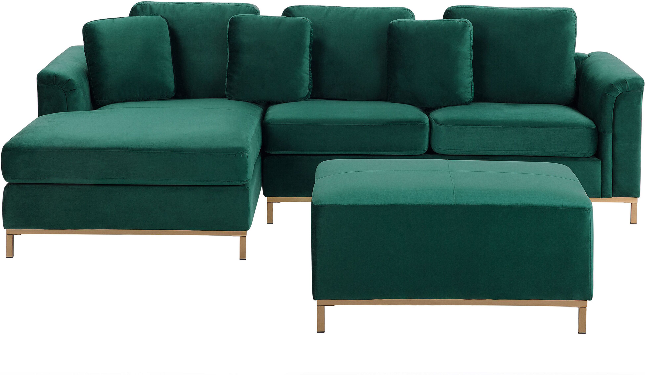 Beliani Corner Sofa Green Velvet Upholstered with Ottoman L-shaped Right Hand Orientation