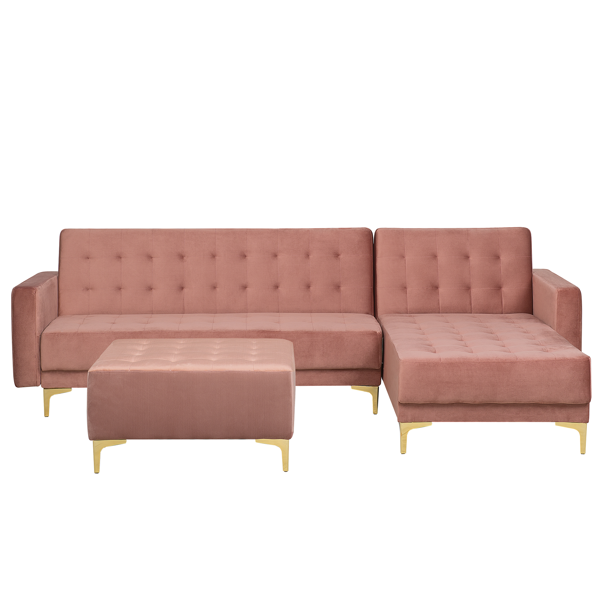 Beliani Corner Sofa Bed Pink Velvet Tufted Fabric Modern L-Shaped Modular 4 Seater with Ottoman Left Hand Chaise Longue