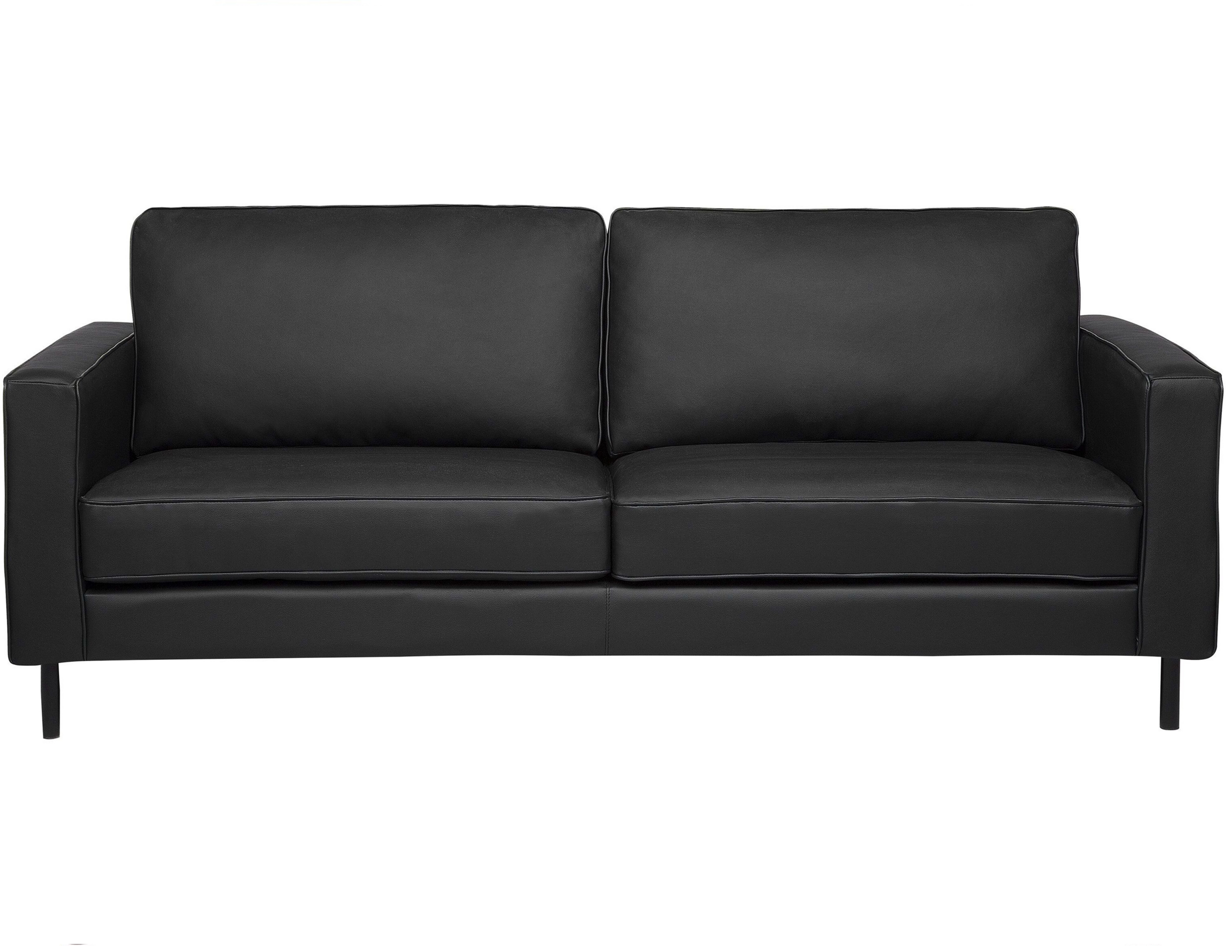 Beliani Sofa Black Leather 3 Seater Metal Legs Upholstered Back Minimalist Modern