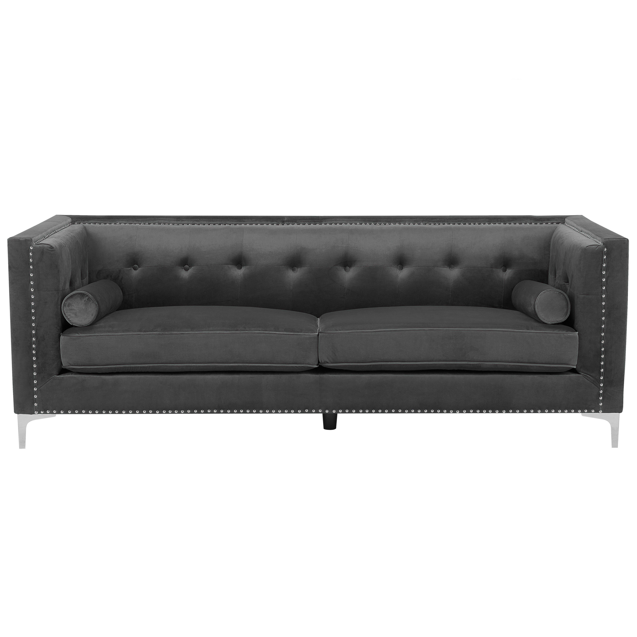 Beliani Velvet 3 Seater Sofa Dark Grey Glamour Buttoned Back