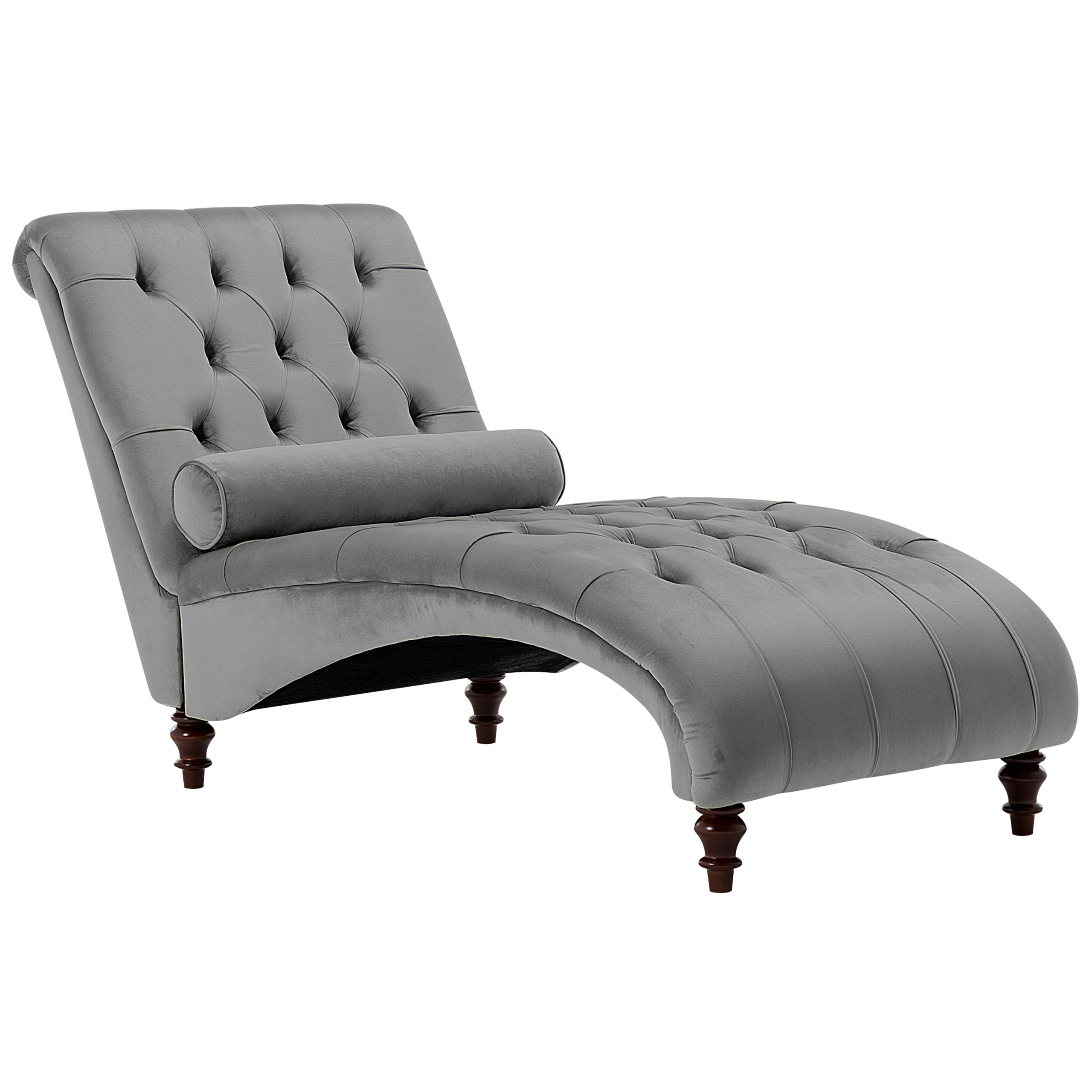 Beliani Chaise Lounge Light Grey Velvet Chesterfield Buttoned Modern Living Room Chaise Wooden Legs