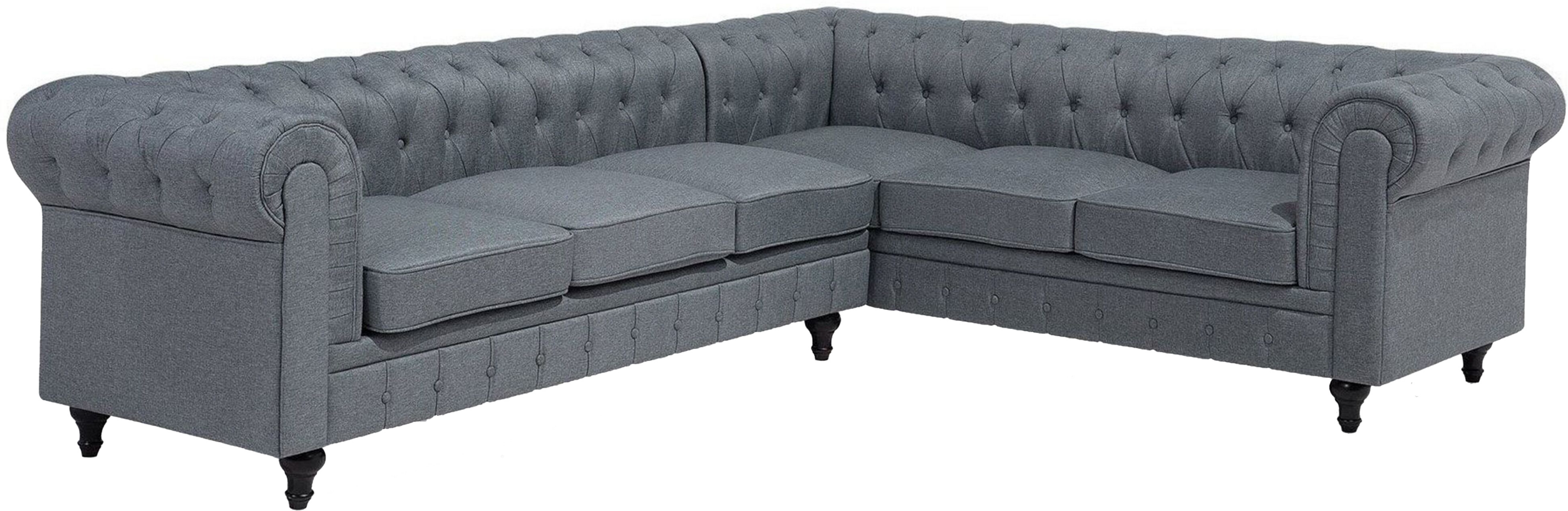 Beliani Chesterfield Left Hand Fabric Corner Sofa Grey Fabric Upholstery Dark Wood Legs Chaise 6 Seater Contemporary