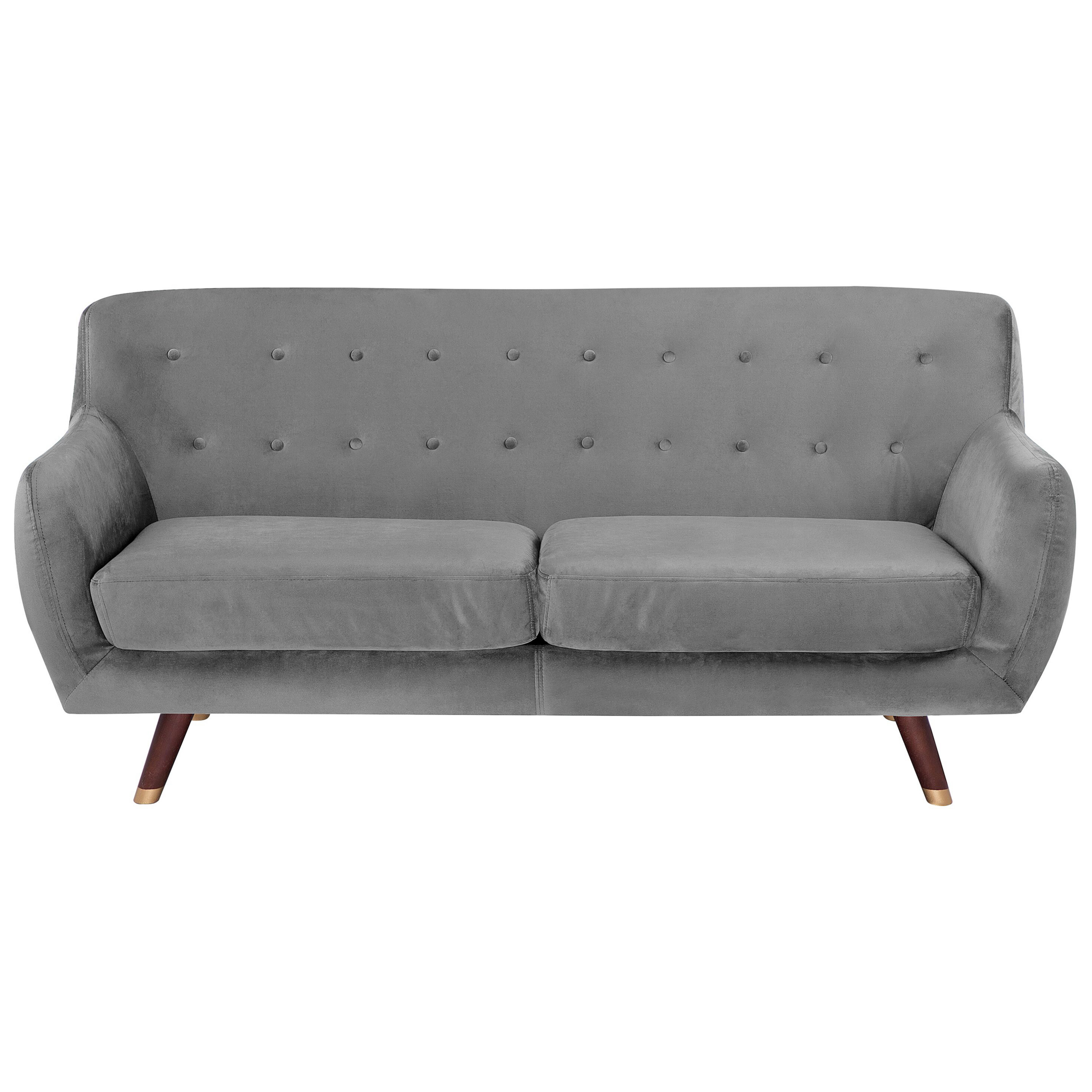 Beliani Sofa Grey Velvet 3 Seater Button Tufted Back Cushioned Seat Wooden Legs