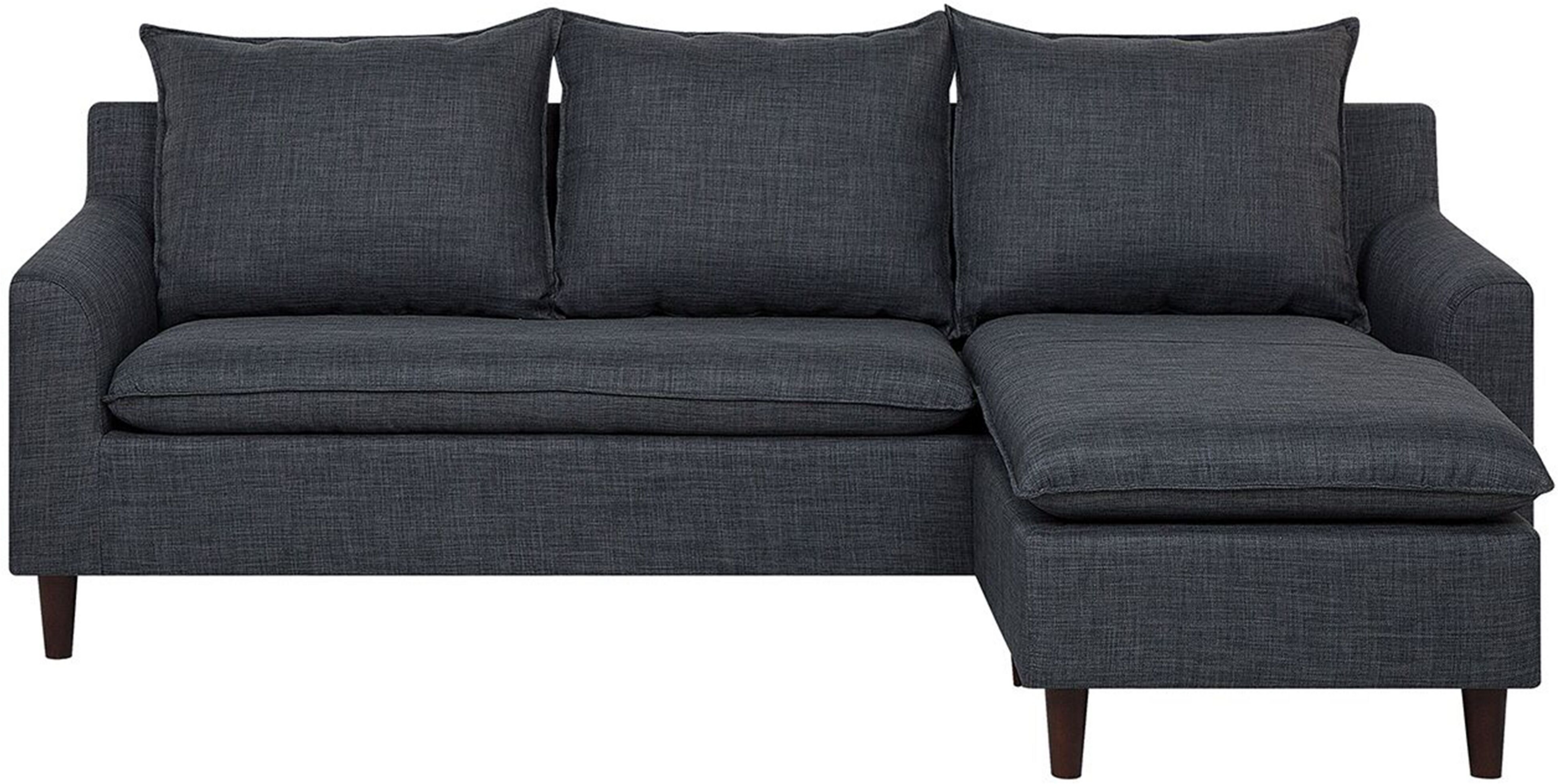 Beliani Corner Sofa Dark Grey Fabric Upholsery Dark Wood Legs Left Hand Chaise Longue 3 Seater Pillow Back