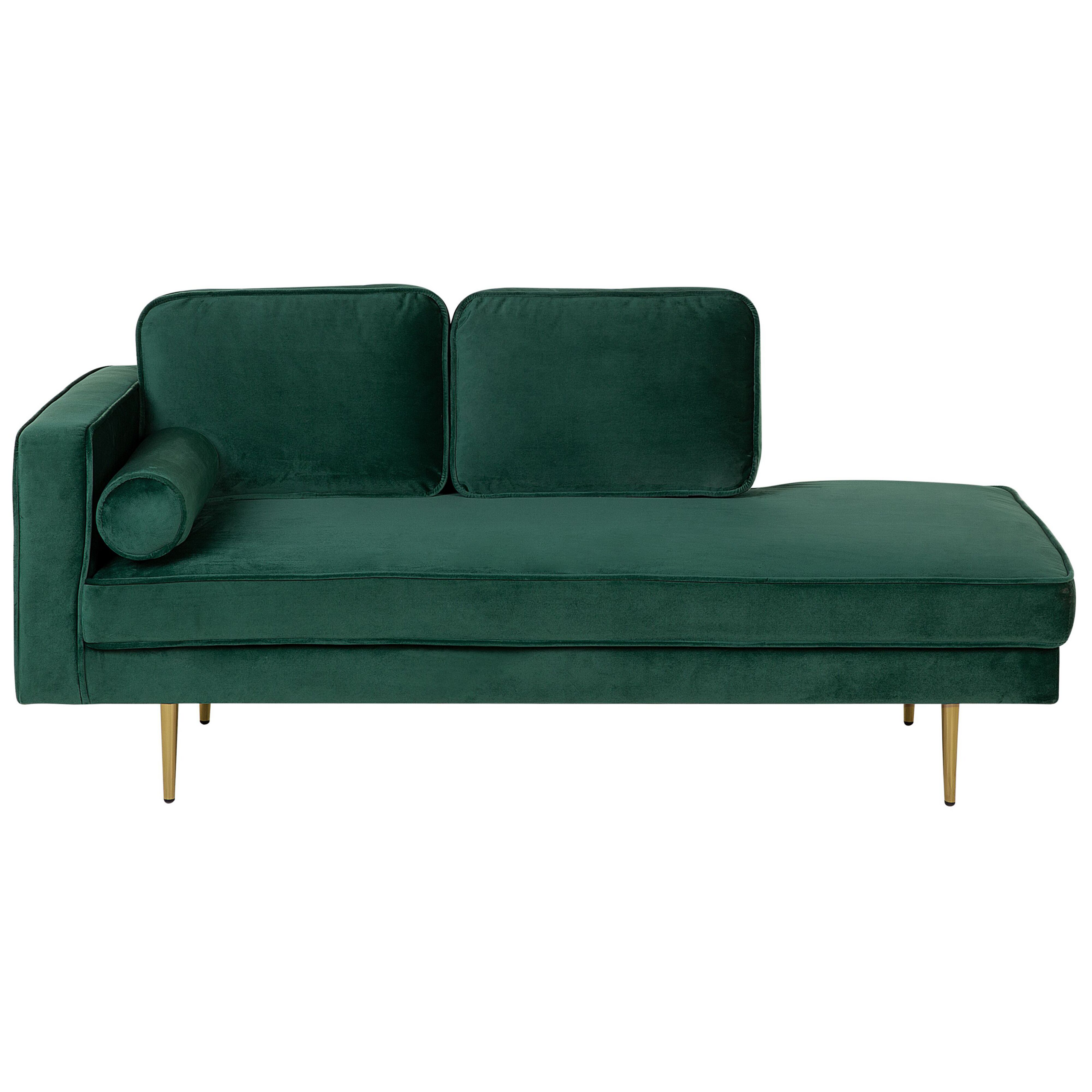Beliani Chaise Lounge Emerald Green Velvet Upholstered Left Hand Orientation Metal Legs Bolster Pillow Modern Design