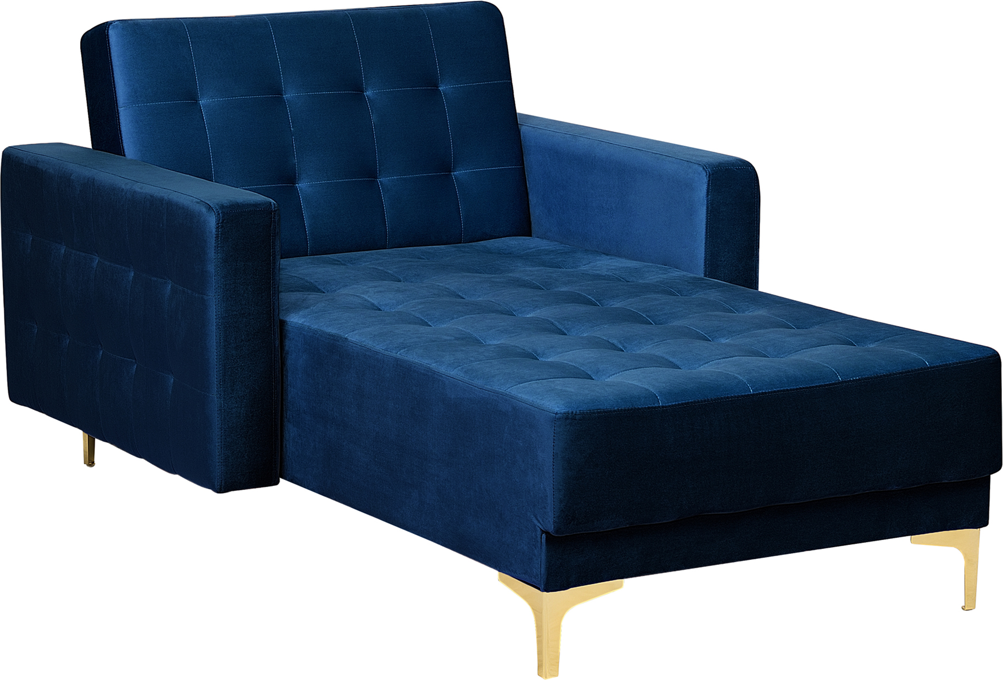 Beliani Chaise Lounge Navy Blue Velvet Tufted Fabric Modern Living Room Reclining Day Bed Gold Legs Track Arms