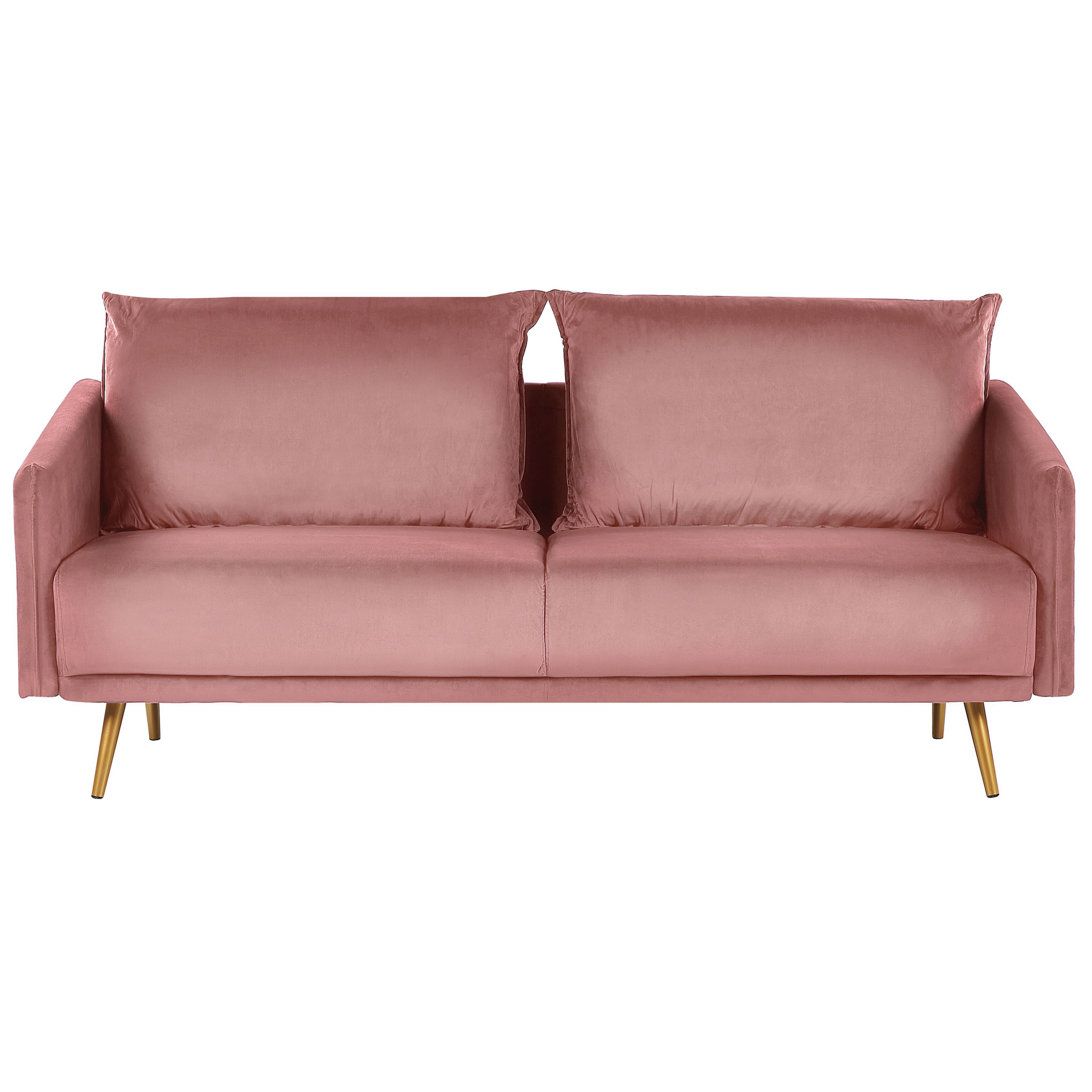 Beliani Sofa Pink Velvet 3 Seater Back Cushioned Seat Metal Golden Legs Retro Glam
