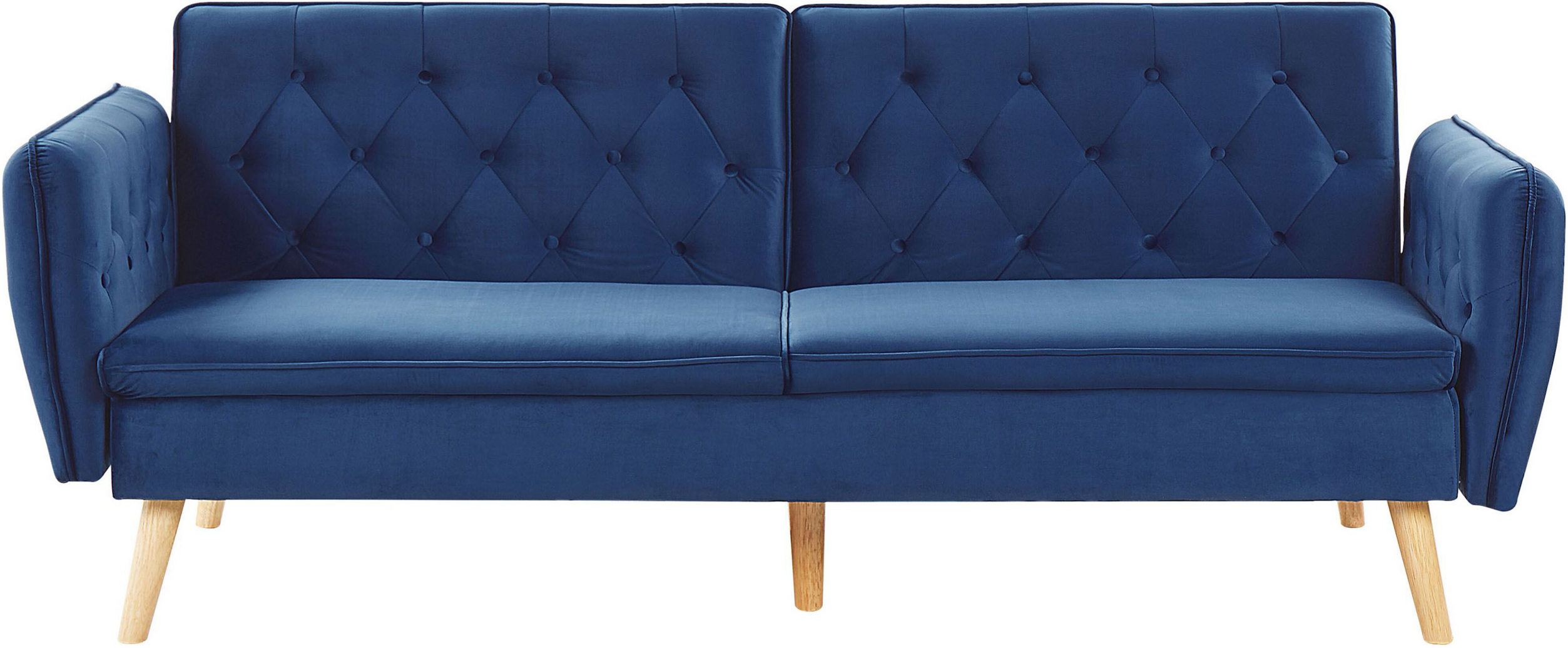 Beliani Sofa Bed Navy Blue Velvet Upholstered Convertible Couch Modern Design Buttoned Backrest